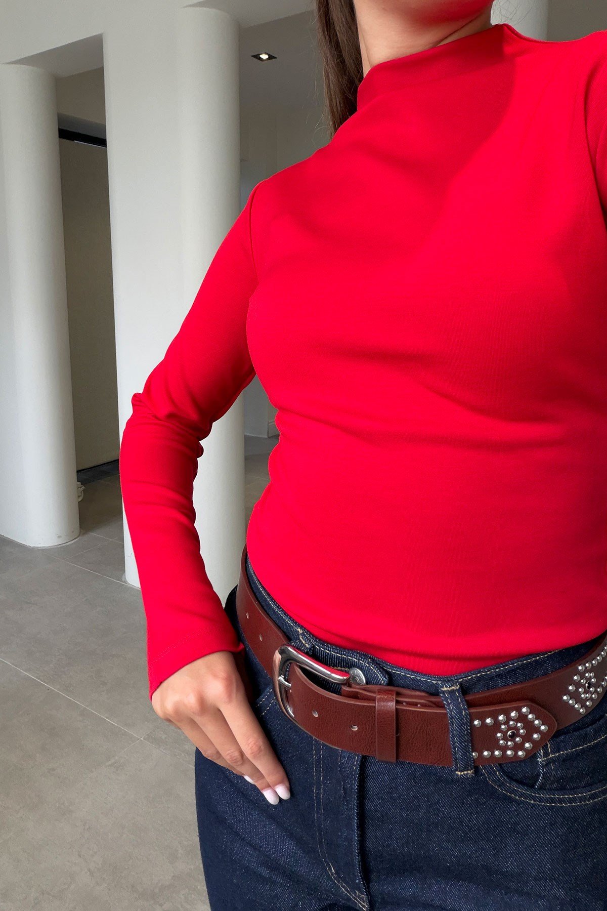 Yeni Sezon Dik Yaka Uzun Kol Bluz- KIRMIZI