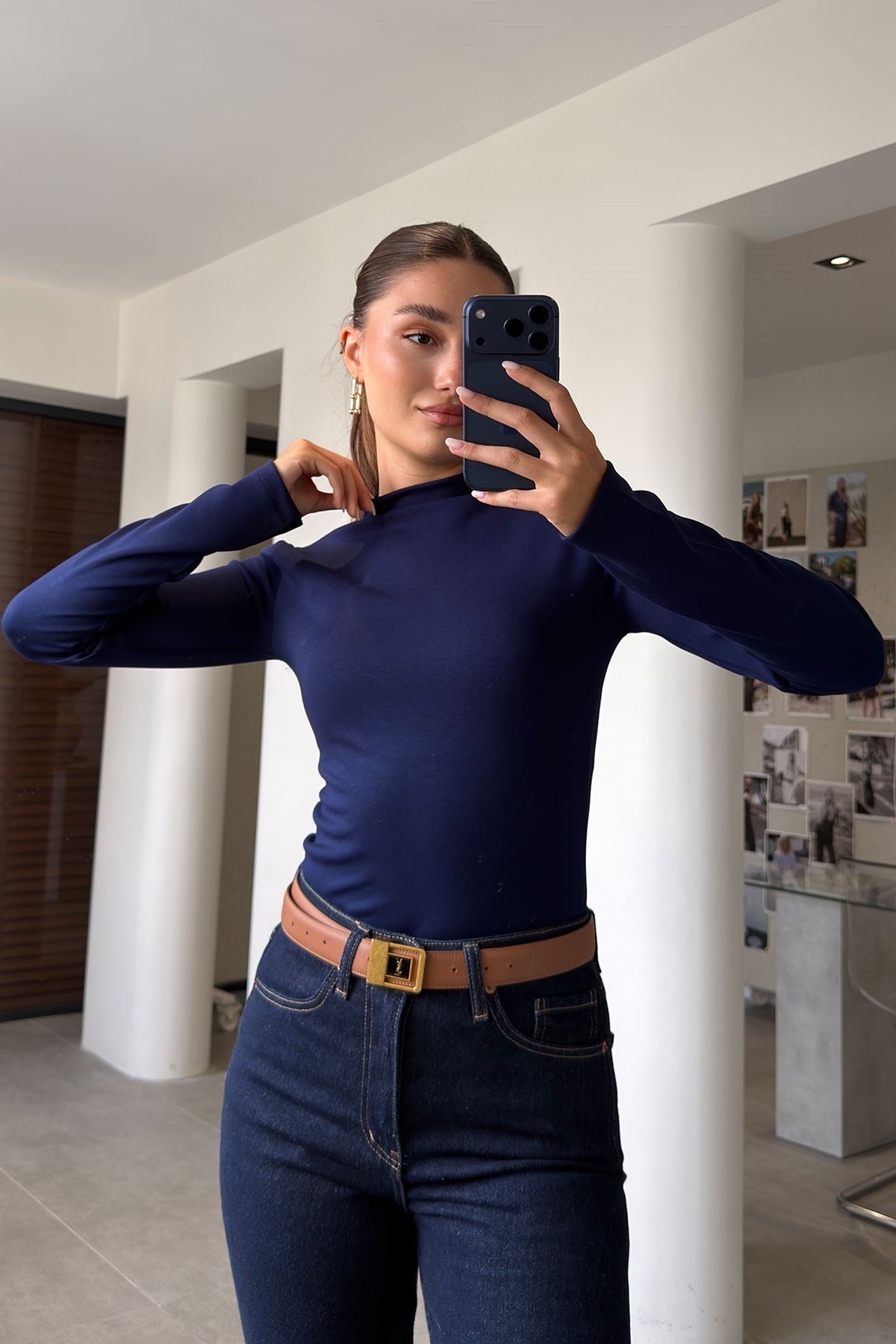 Yeni Sezon Dik Yaka Uzun Kol Bluz- LACİVERT
