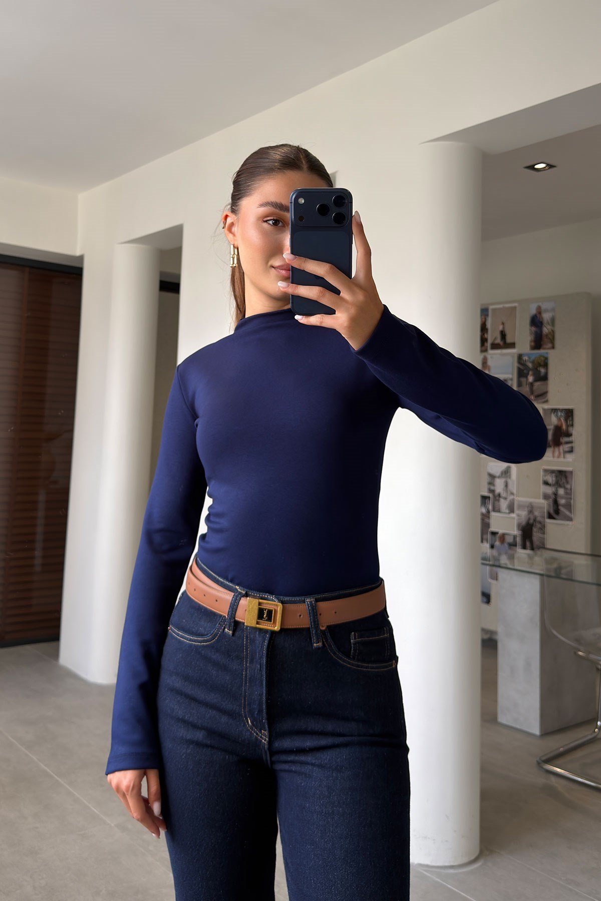 Yeni Sezon Dik Yaka Uzun Kol Bluz- LACİVERT