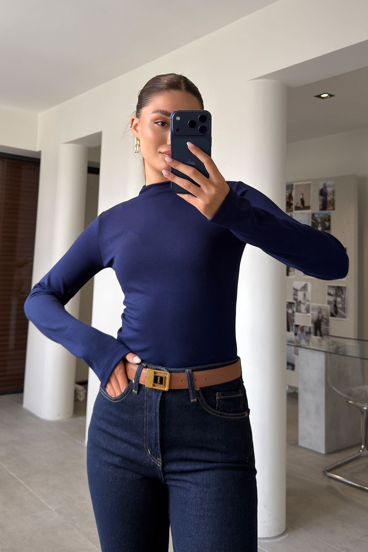 Yeni Sezon Dik Yaka Uzun Kol Bluz- LACİVERT