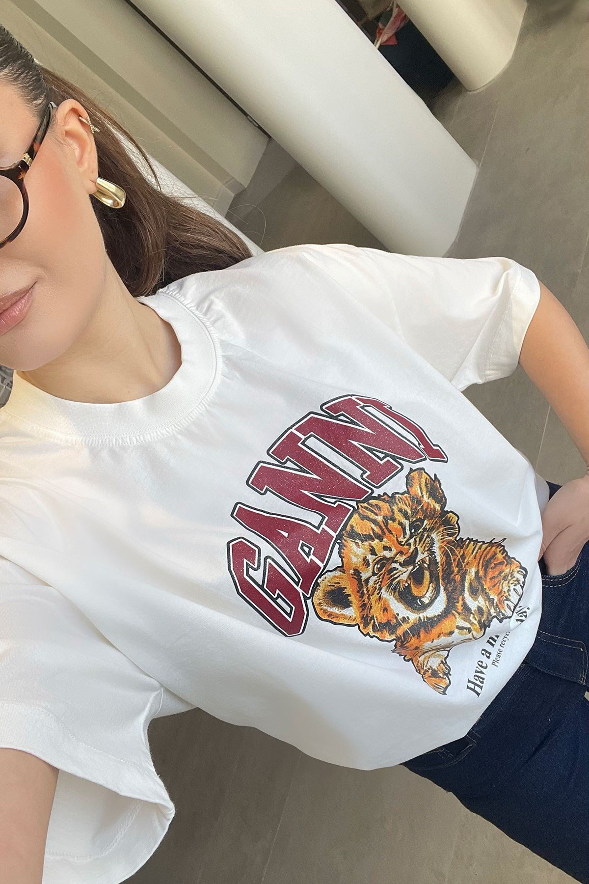 Yeni Sezon Kaplan Baskılı Tişört- KREM