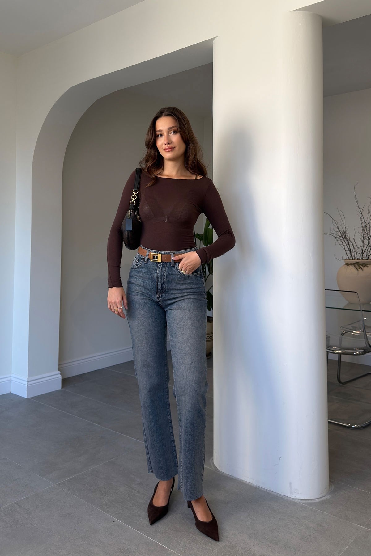 Yüksek Bel Kesik Paça Straight Fit Jean- MAVİ
