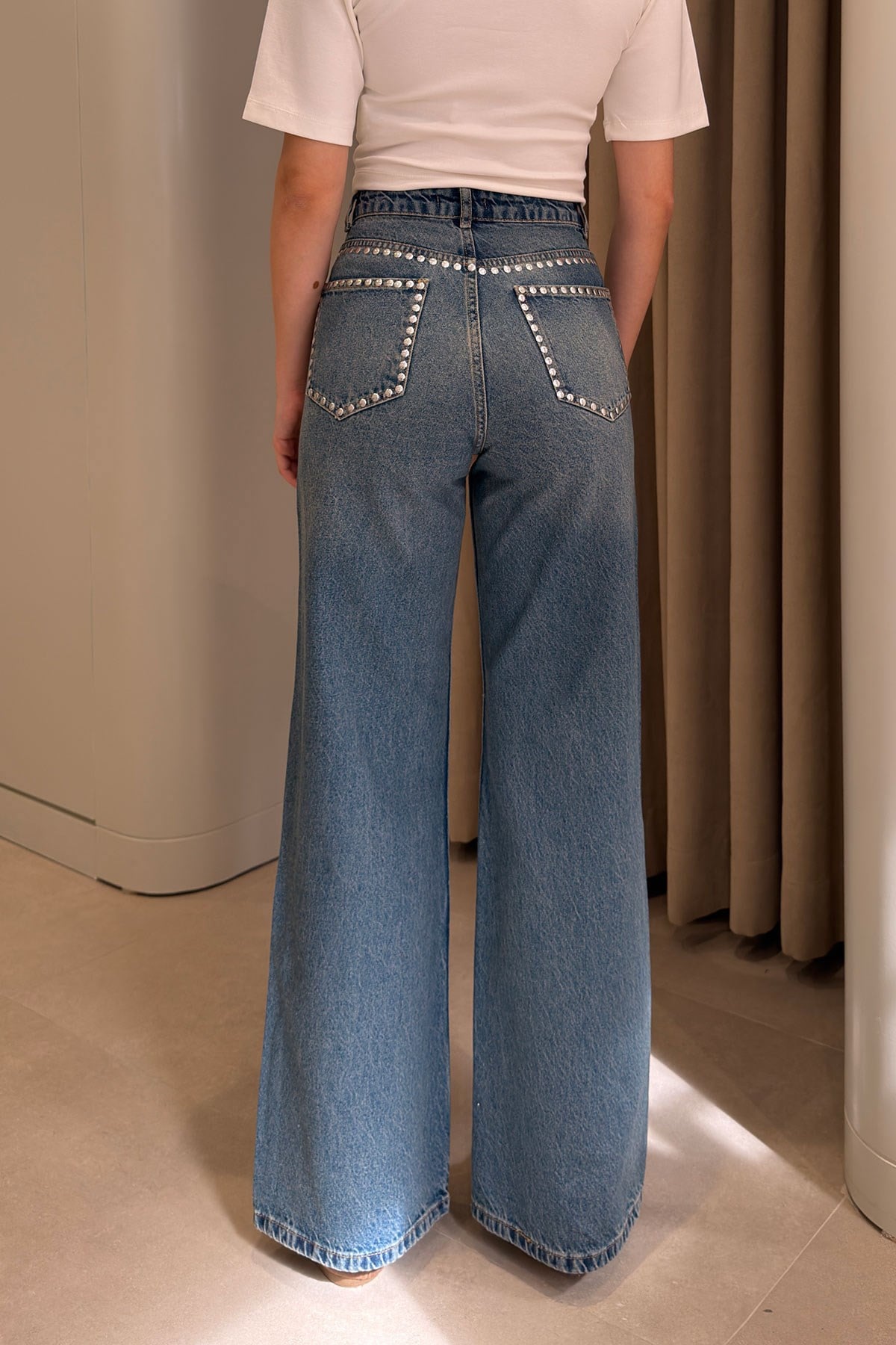 Zımba Detaylı Wide Leg Jean- KOYU LACİVERT