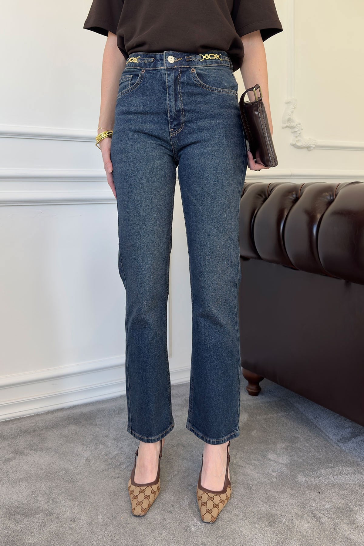 Zincir Detay Premium Jean Pantolon- MAVİ