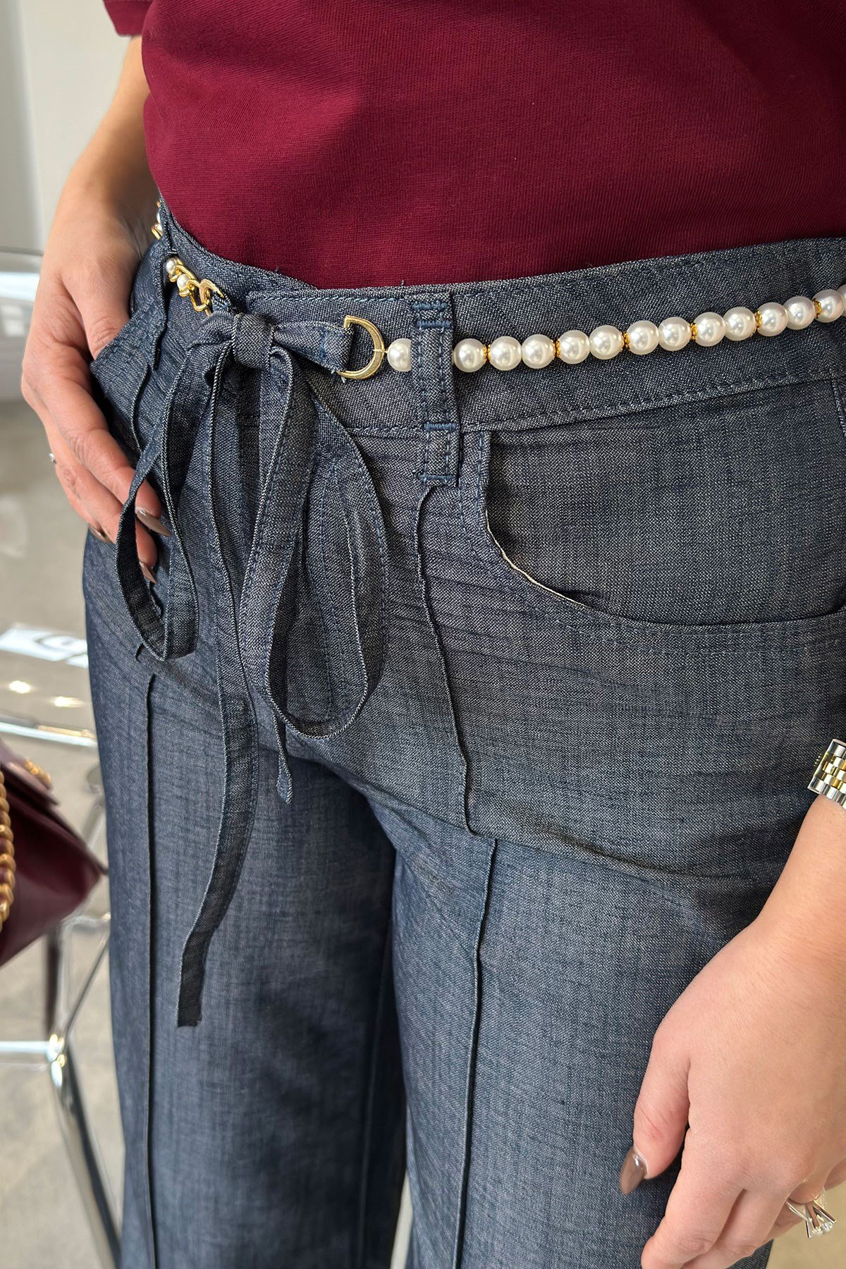 Zincirli Tensel Bol Paça Jean- LACİVERT