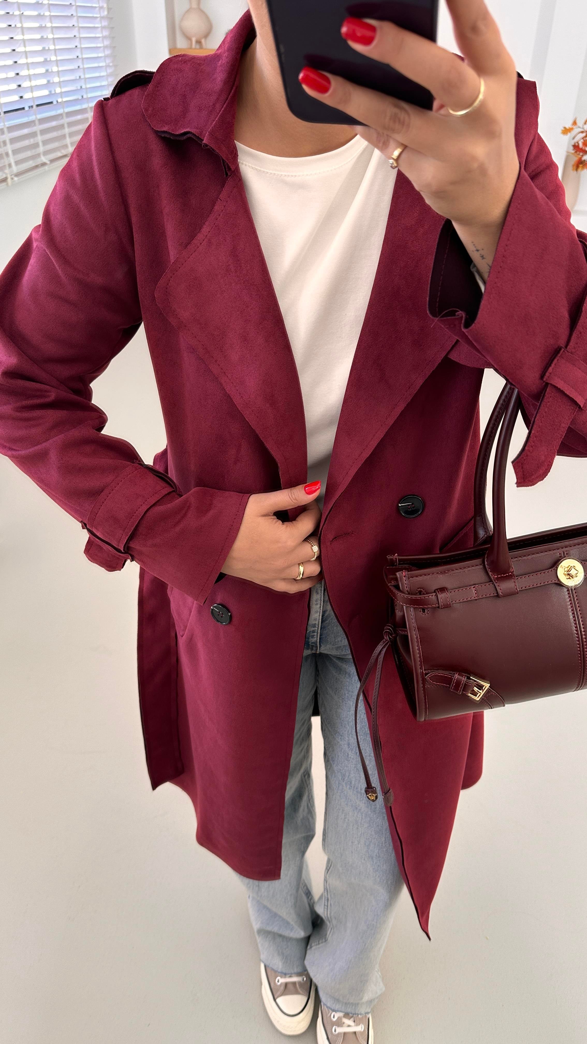 Apoletli Bordo Süet Trenç