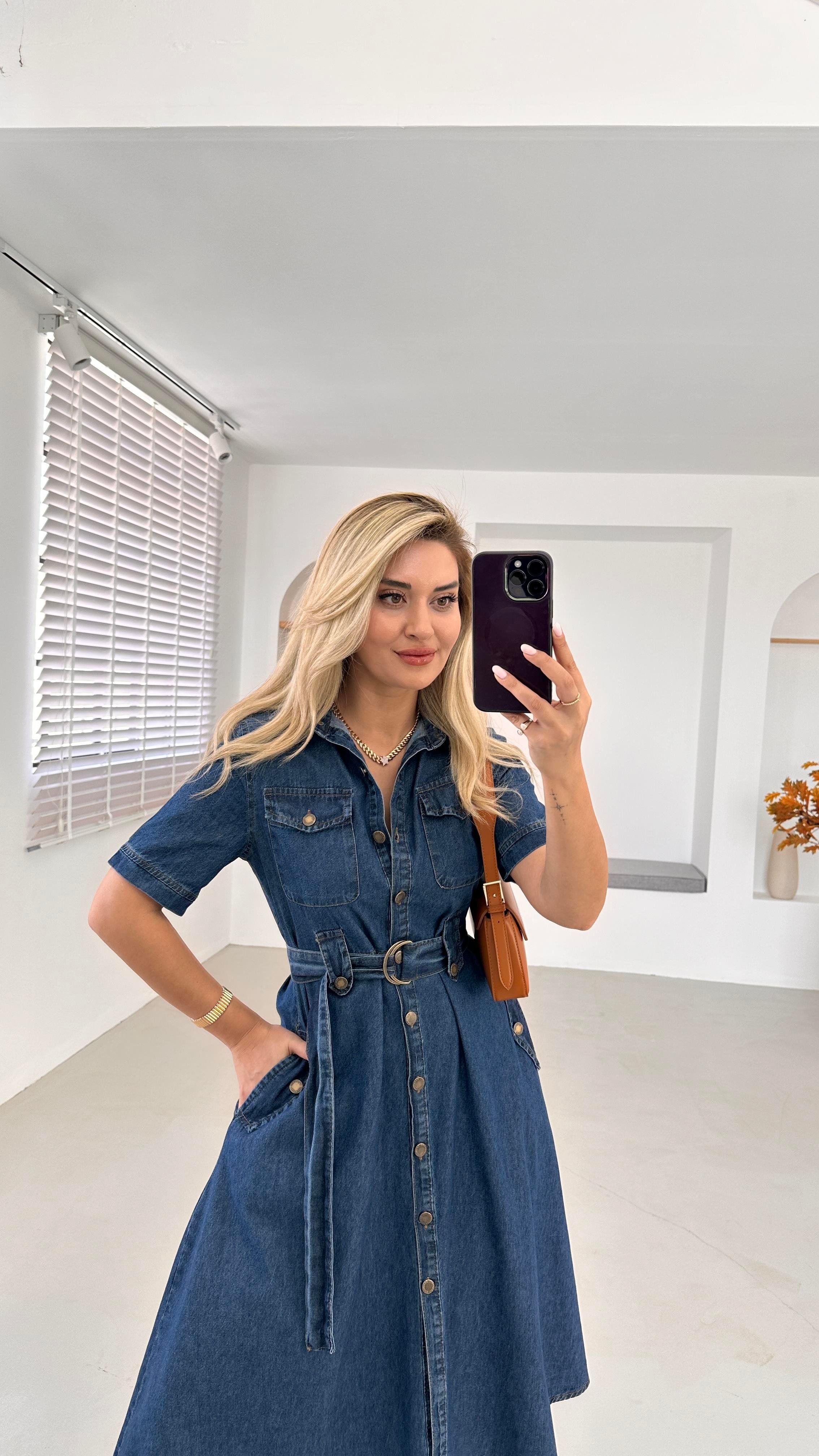 Apoletli Lacivert Çan Denim Elbise