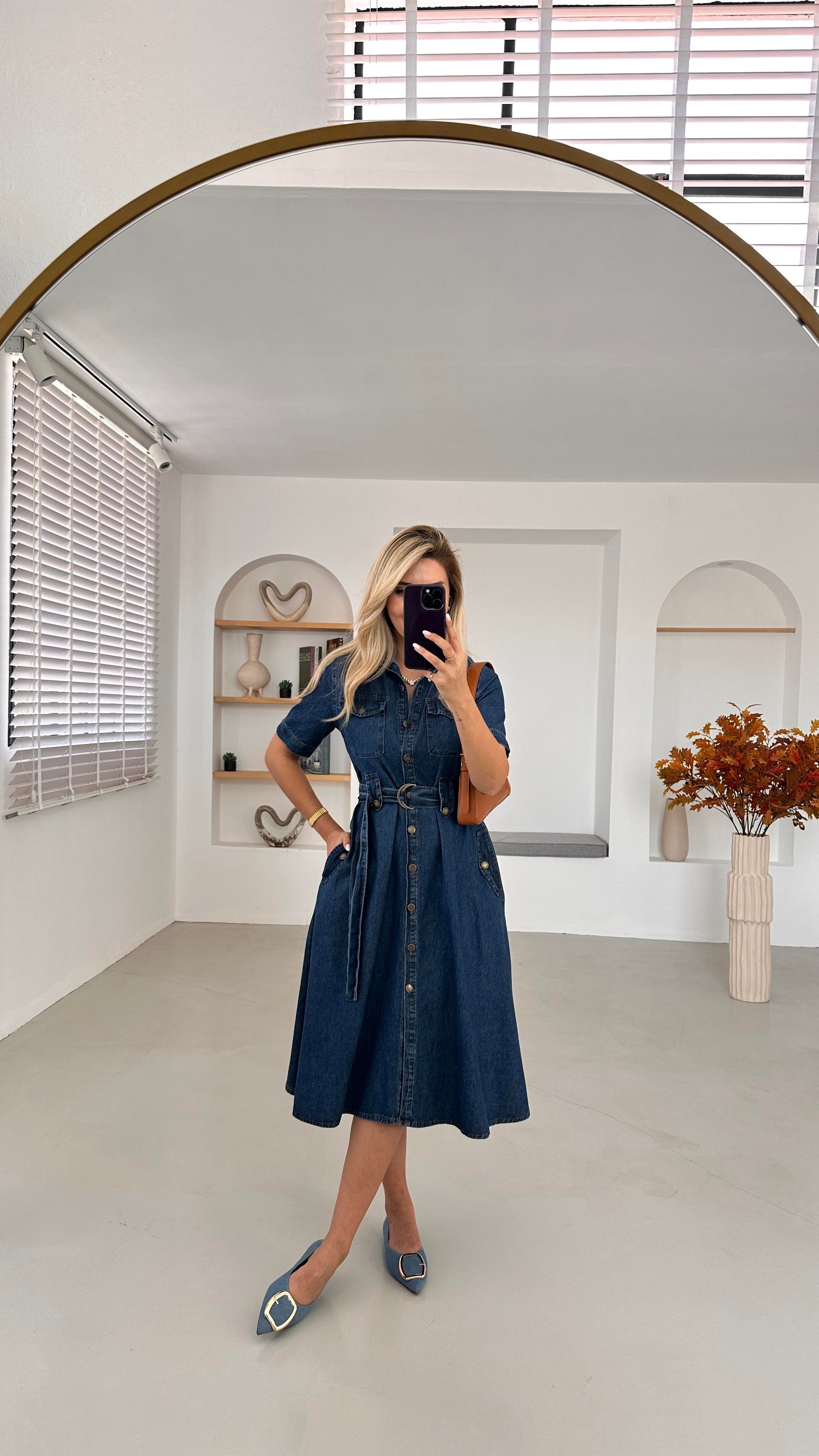 Apoletli Lacivert Çan Denim Elbise