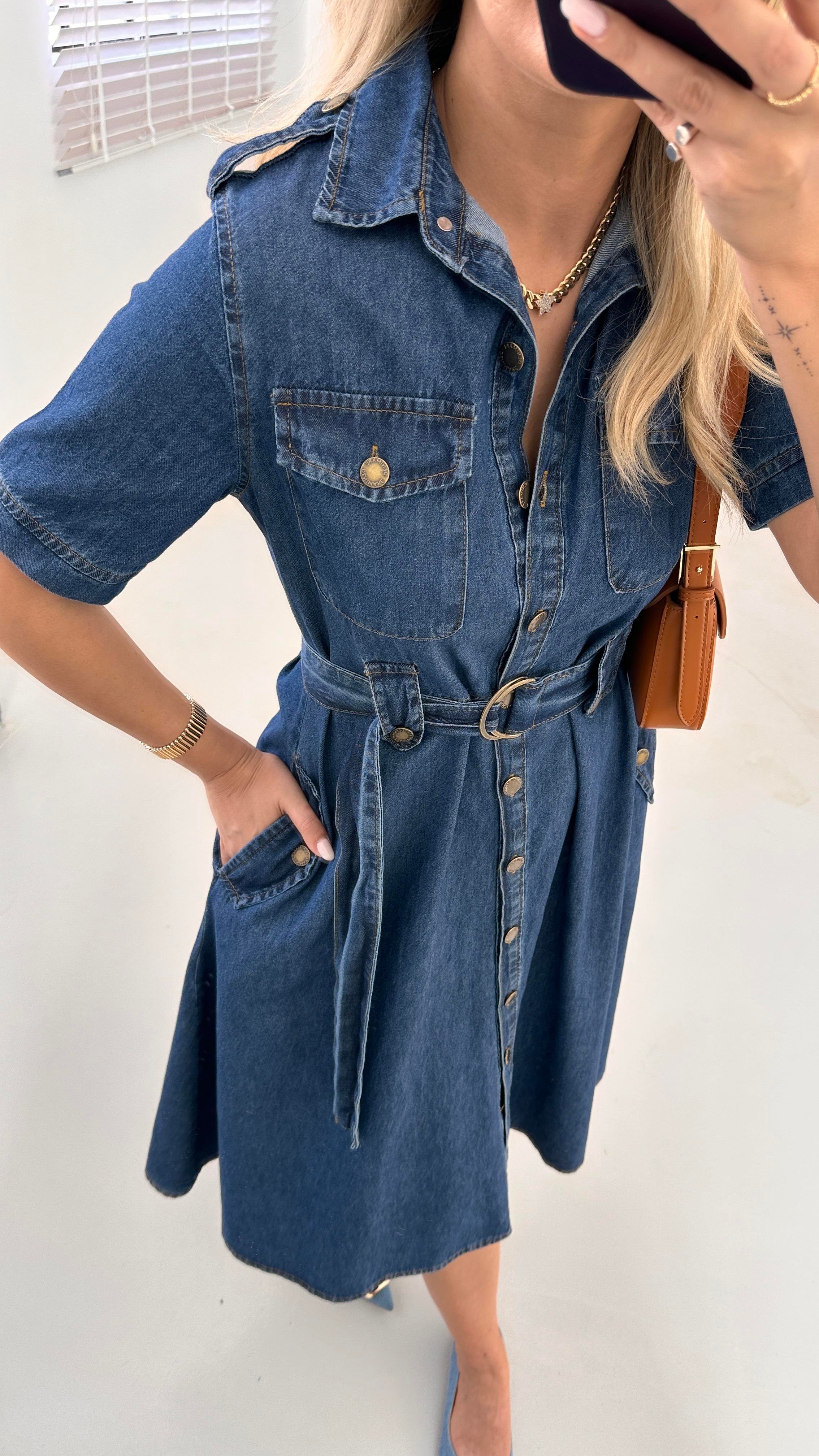 Apoletli Lacivert Çan Denim Elbise