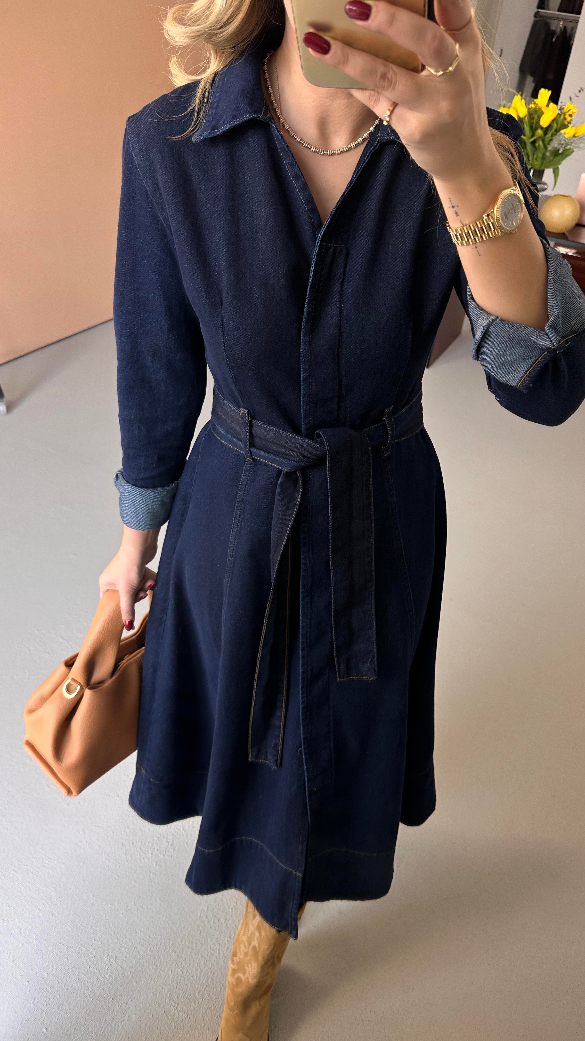 Asimetrik Kesim Lacivert Midi Denim Çan Elbise