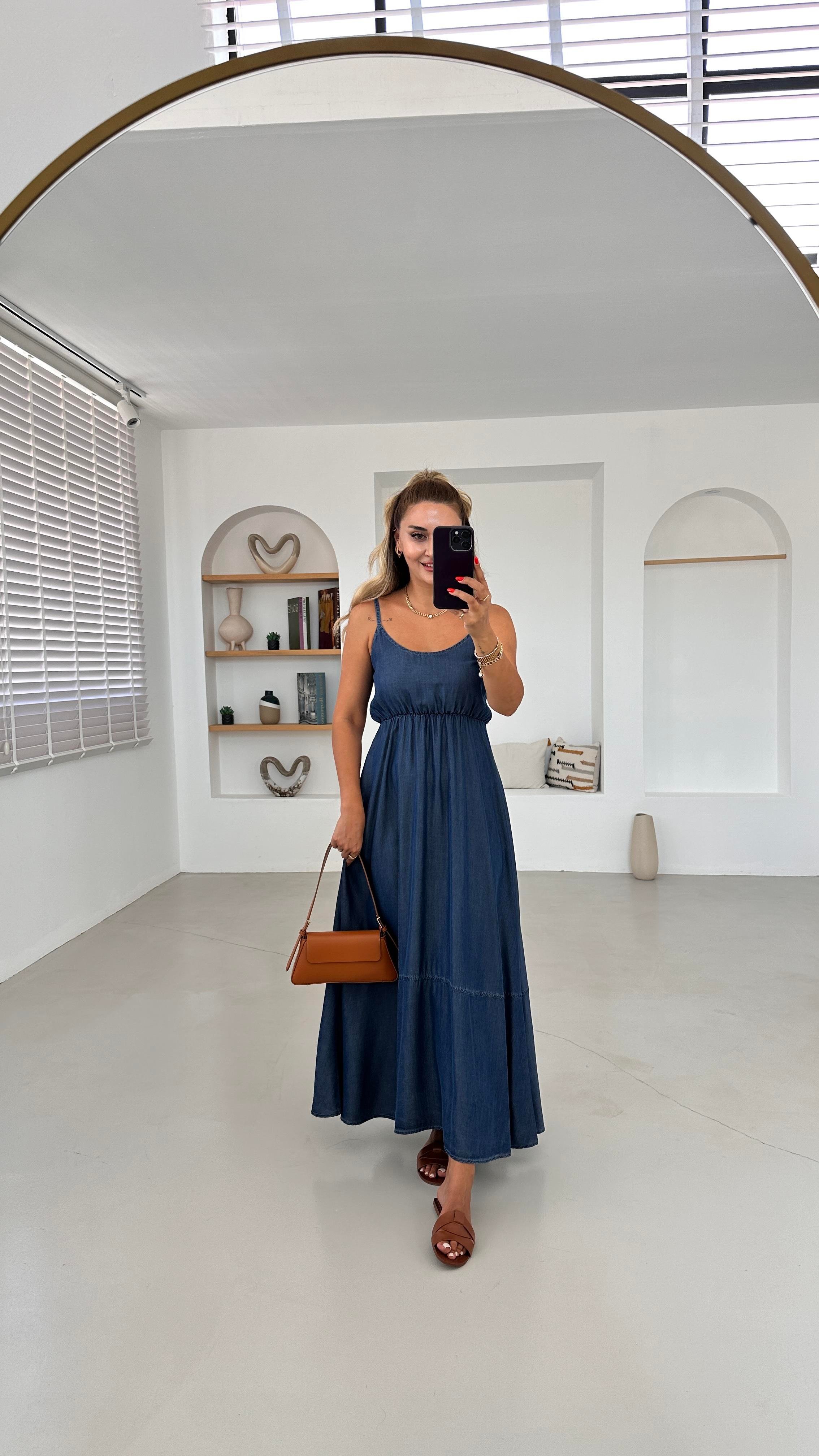 Askılı Maxi Lacivert Tensel Denim Elbise