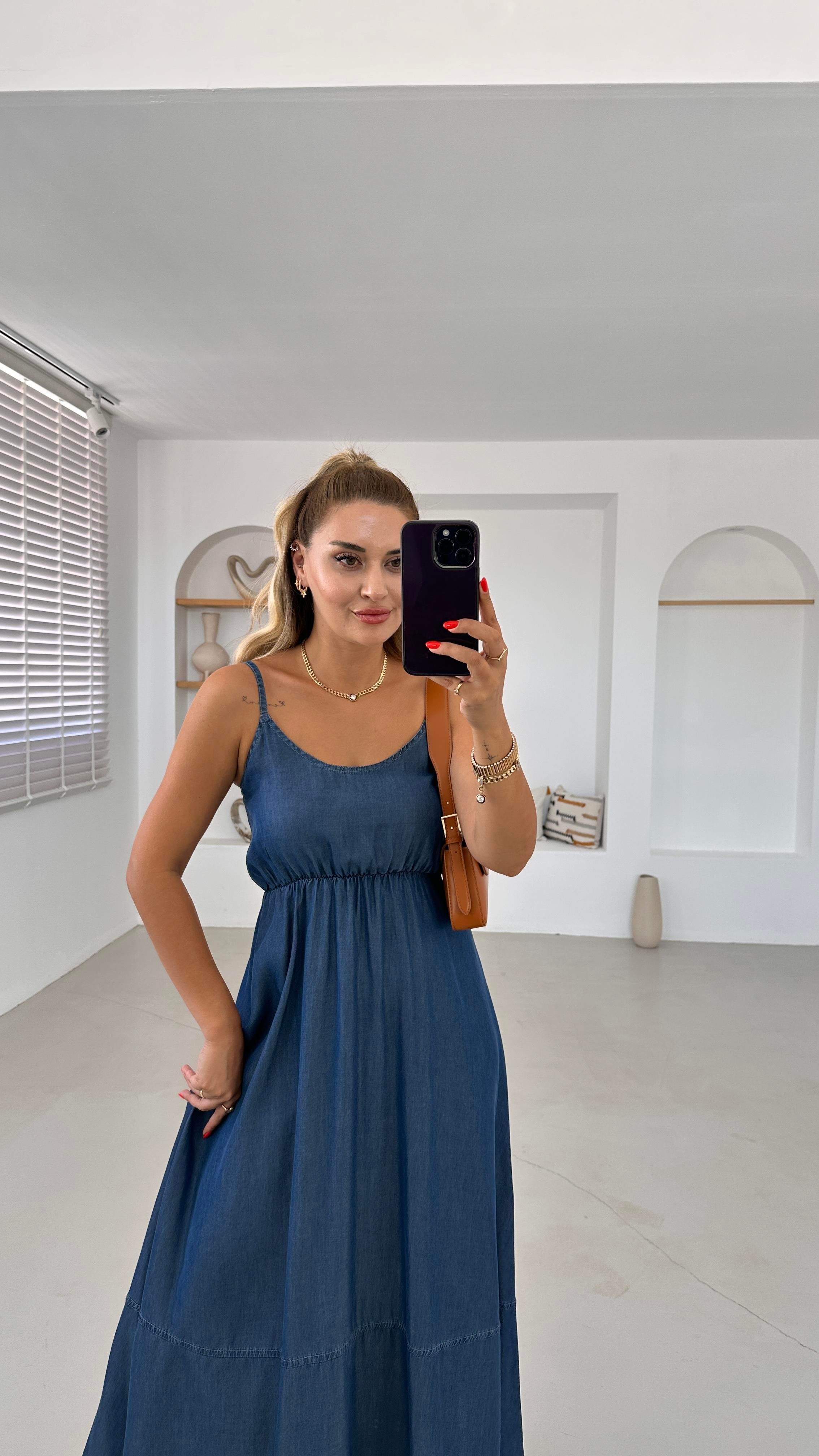 Askılı Maxi Lacivert Tensel Denim Elbise