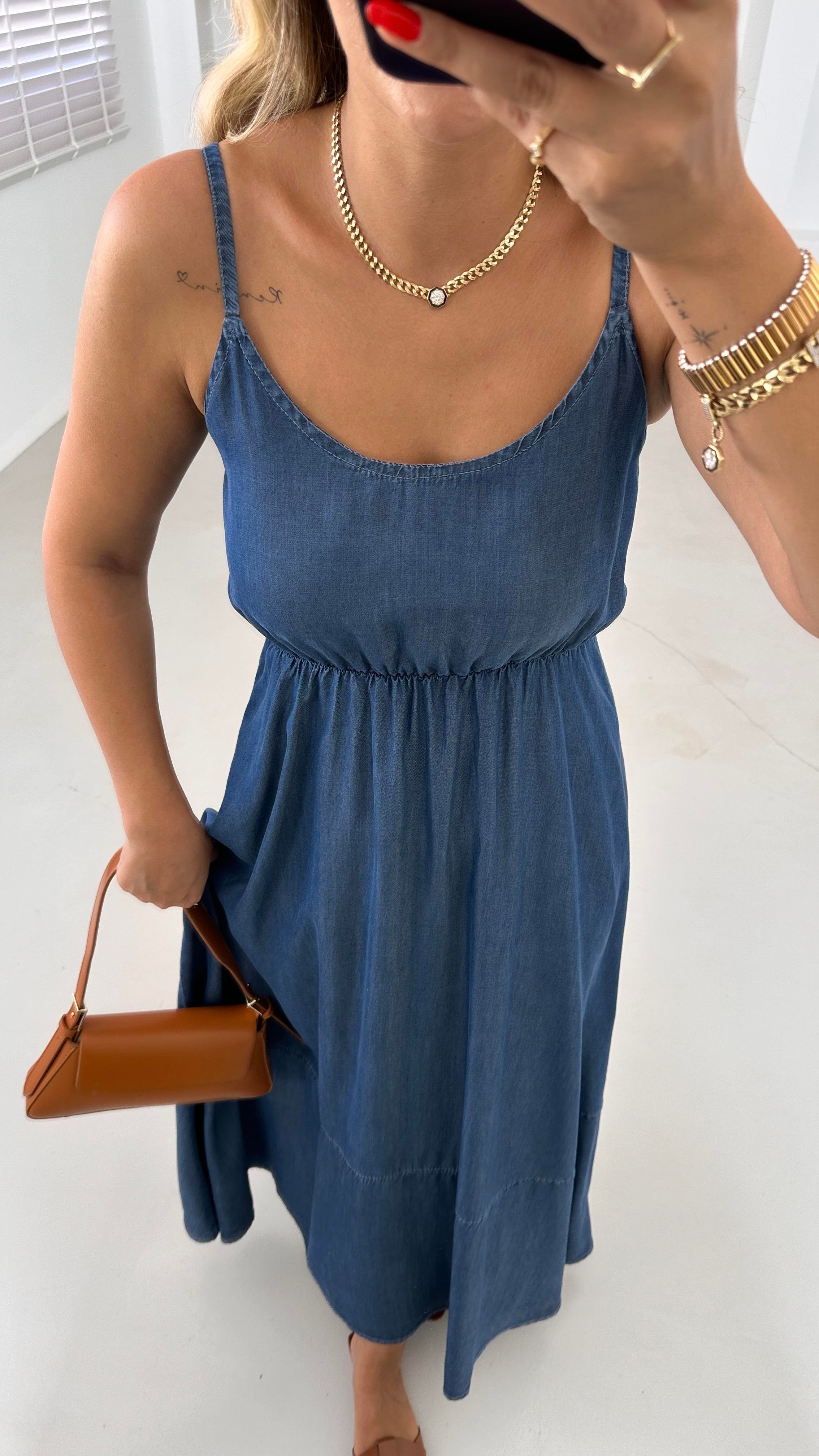 Askılı Maxi Lacivert Tensel Denim Elbise