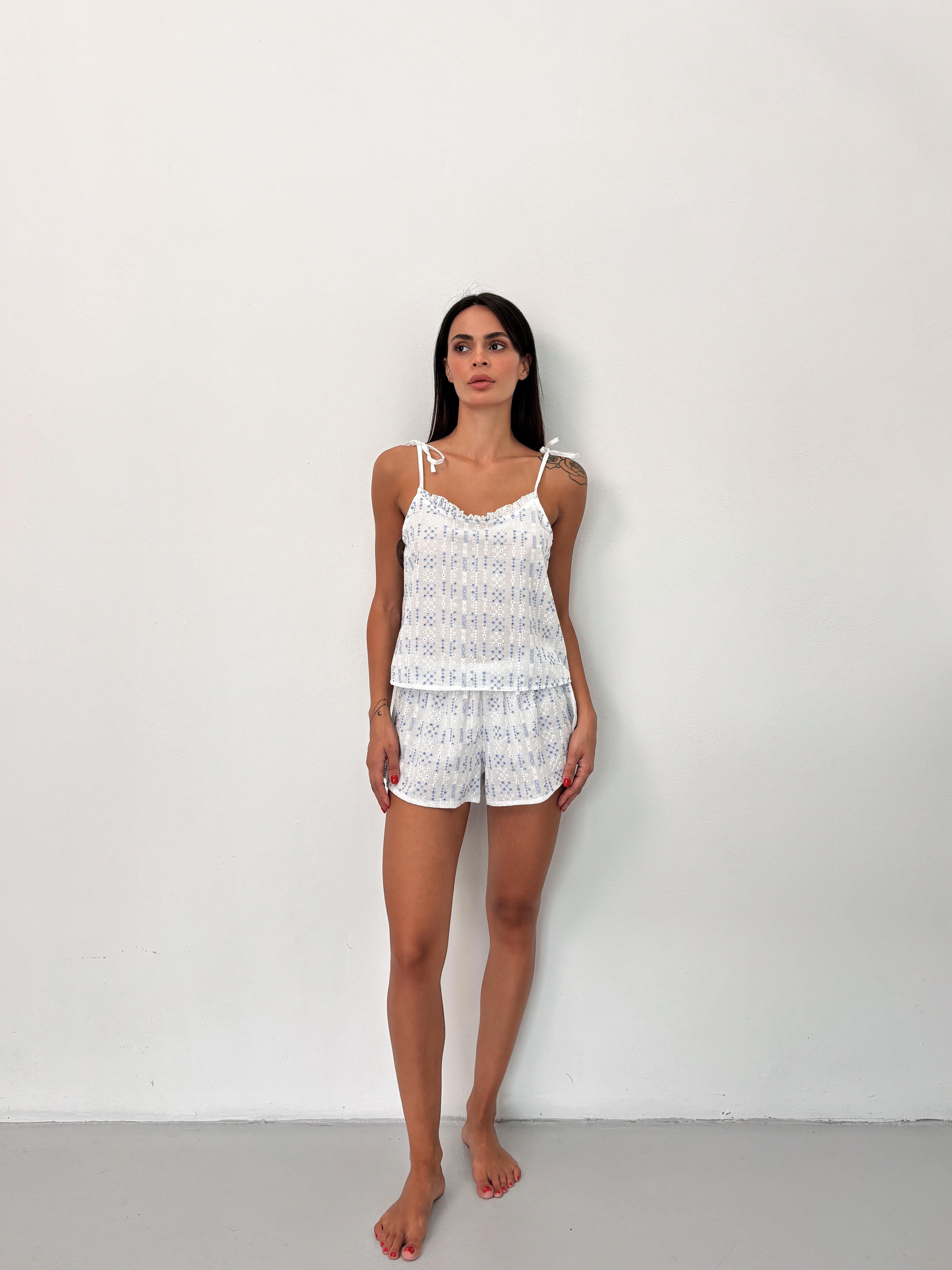 Askısı Ayarlanabilir Şortlu Mavi Fisto Takım Pijama