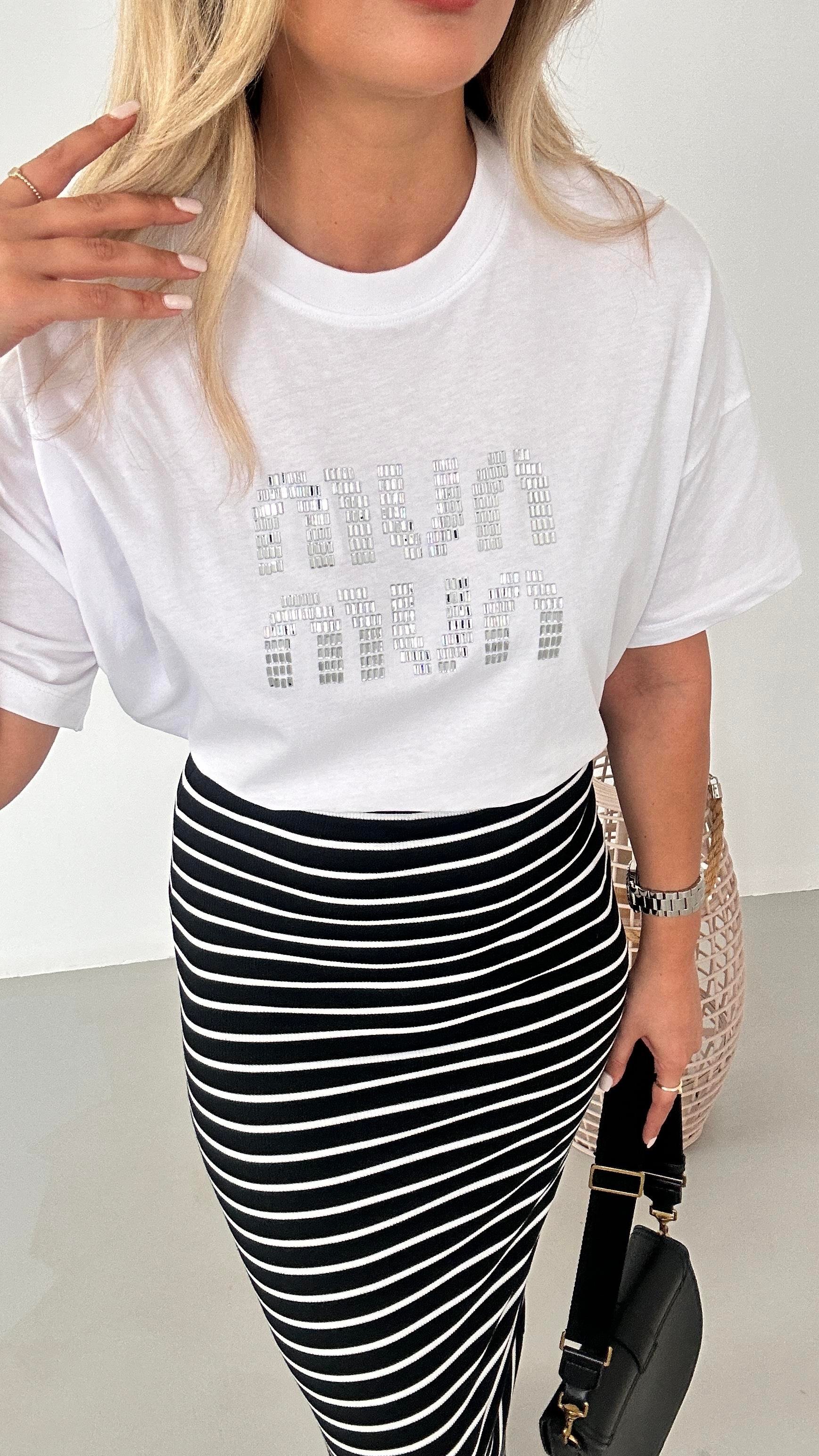 Baget Taşlı Oversize Beyaz Tshirt