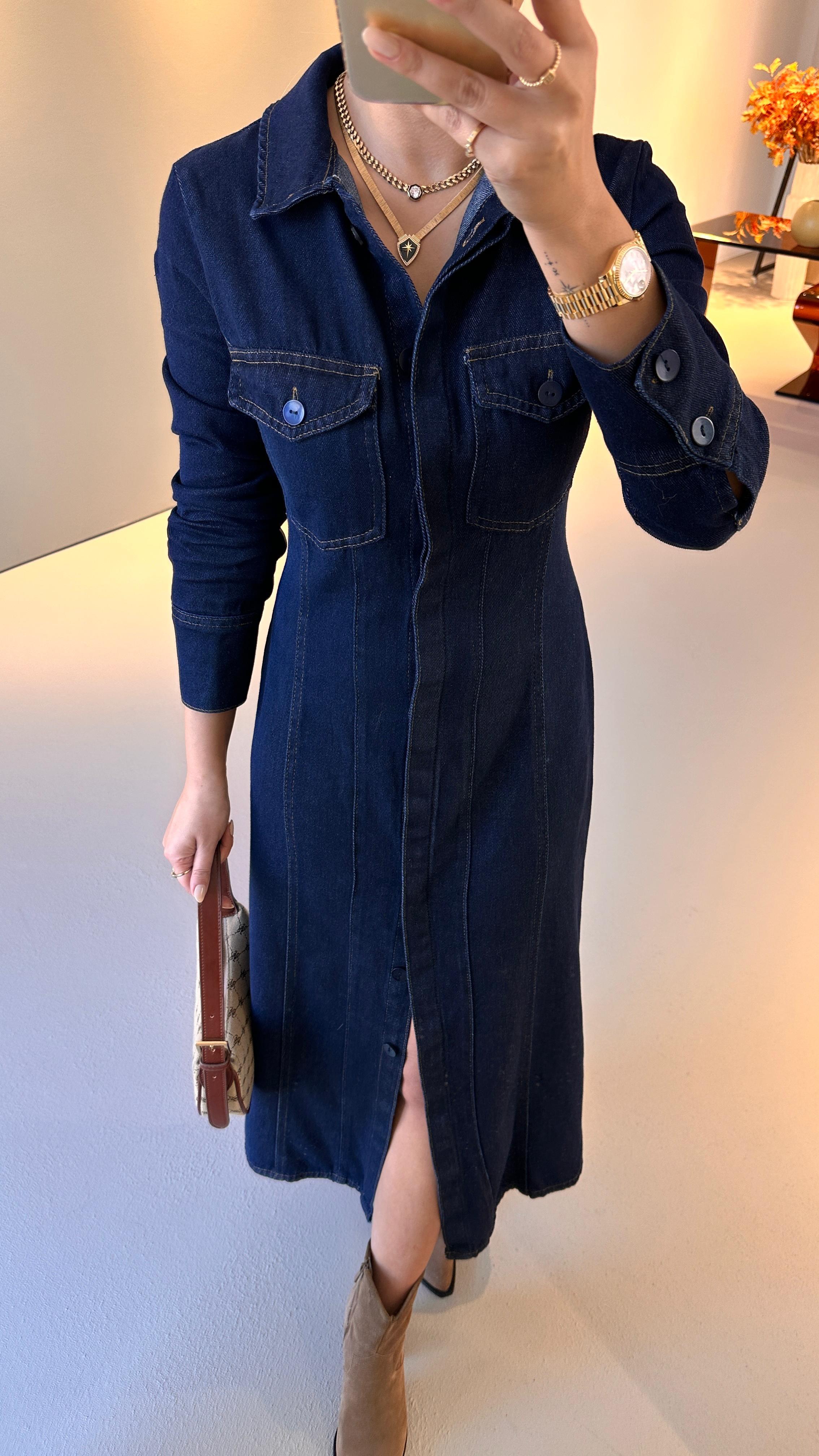 Bel Ayarlamalı Boydan Düğmeli Lacivert Denim Elbise