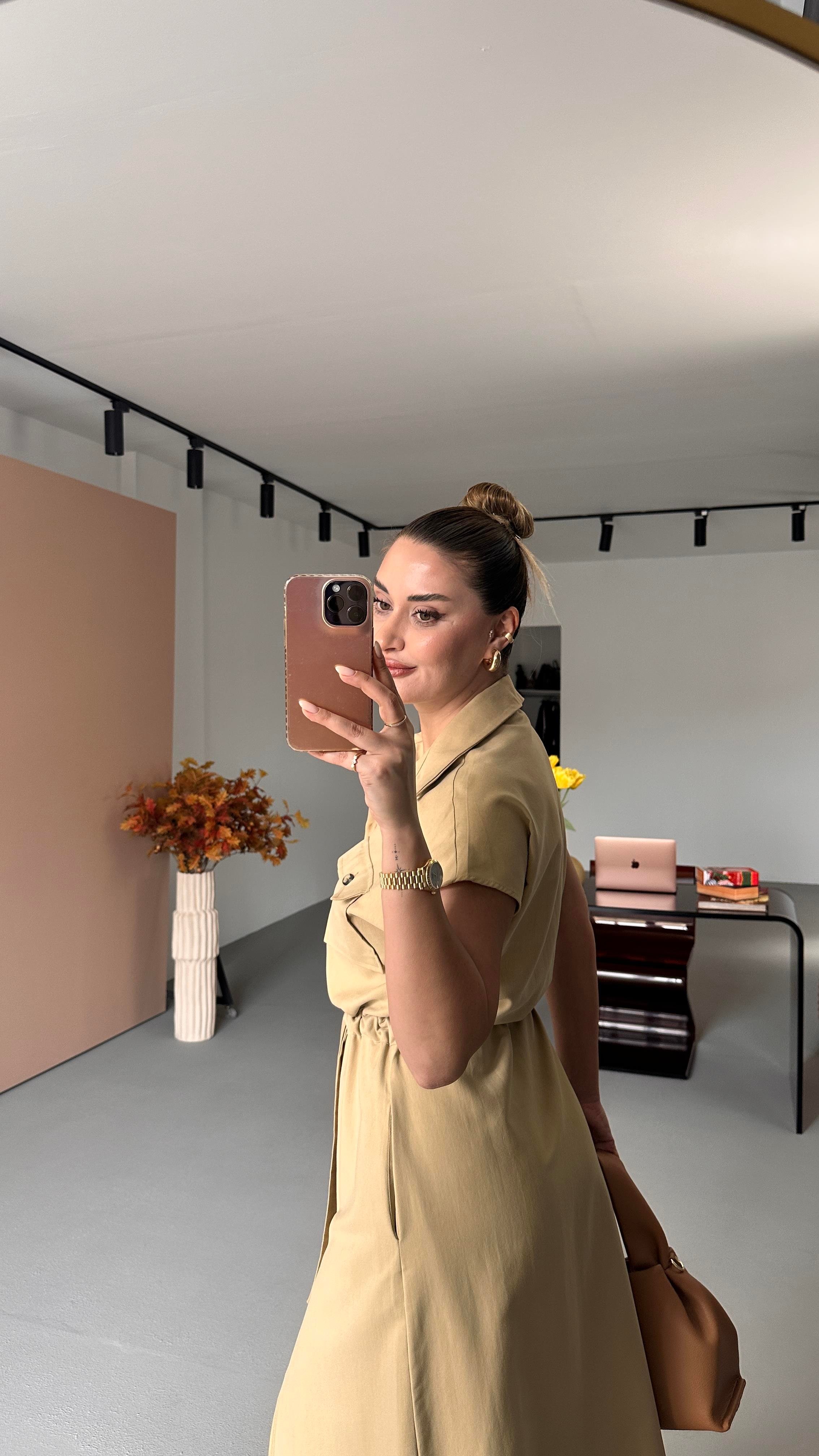 Bel Beden Ayarlamalı Tensel Gabardin Camel Gömlek Elbise