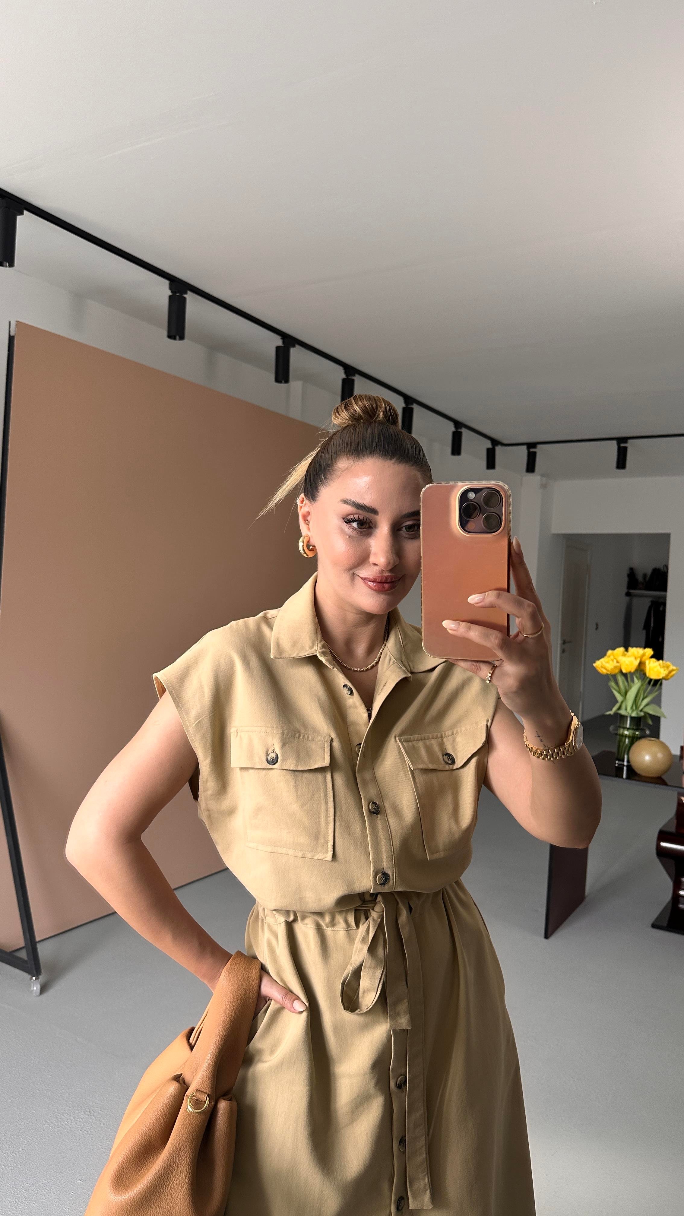 Bel Beden Ayarlamalı Tensel Gabardin Camel Gömlek Elbise