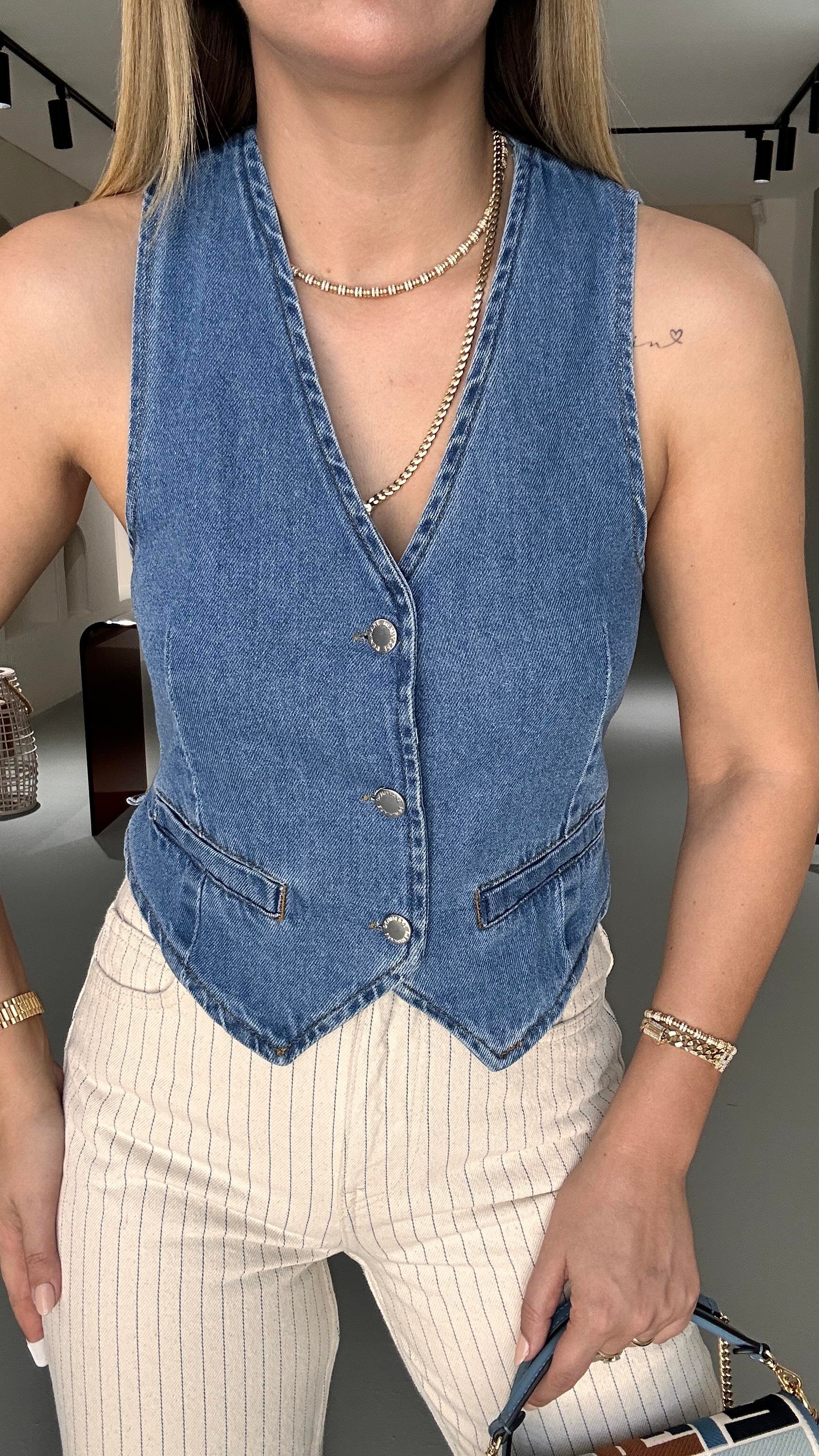 Bel Kemer Detay Mavi Denim Yelek