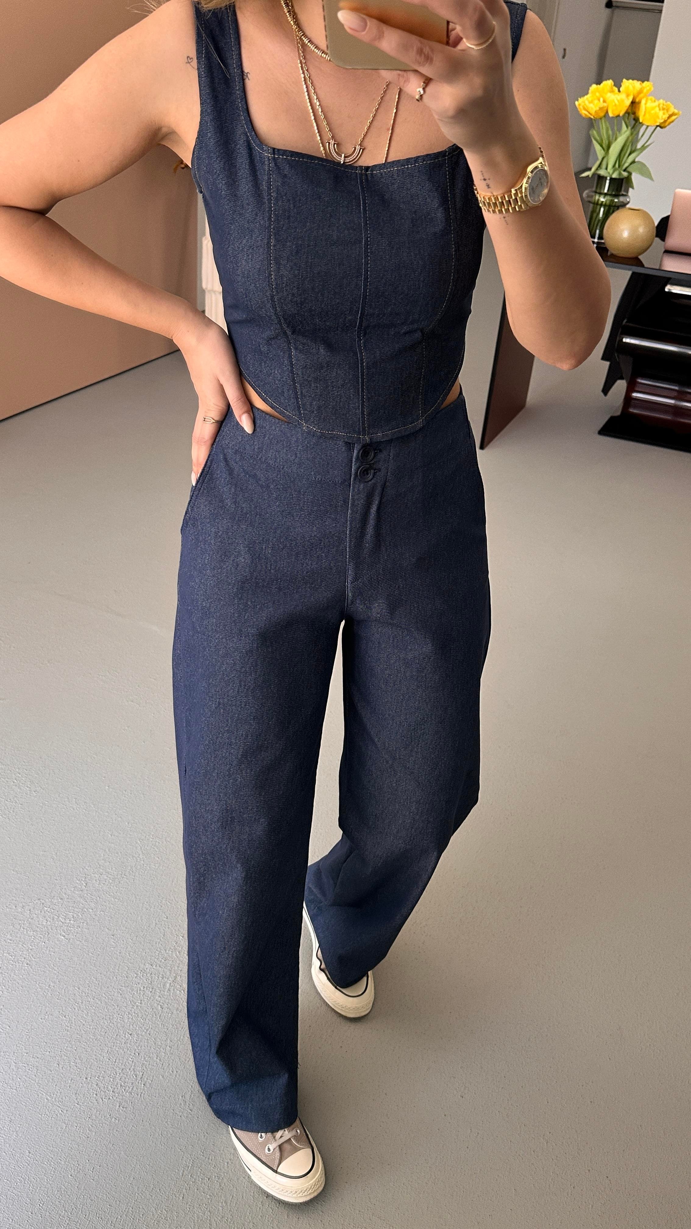 Bel Lastikli Çift Düğme Detay Likralı Denim Pantolon