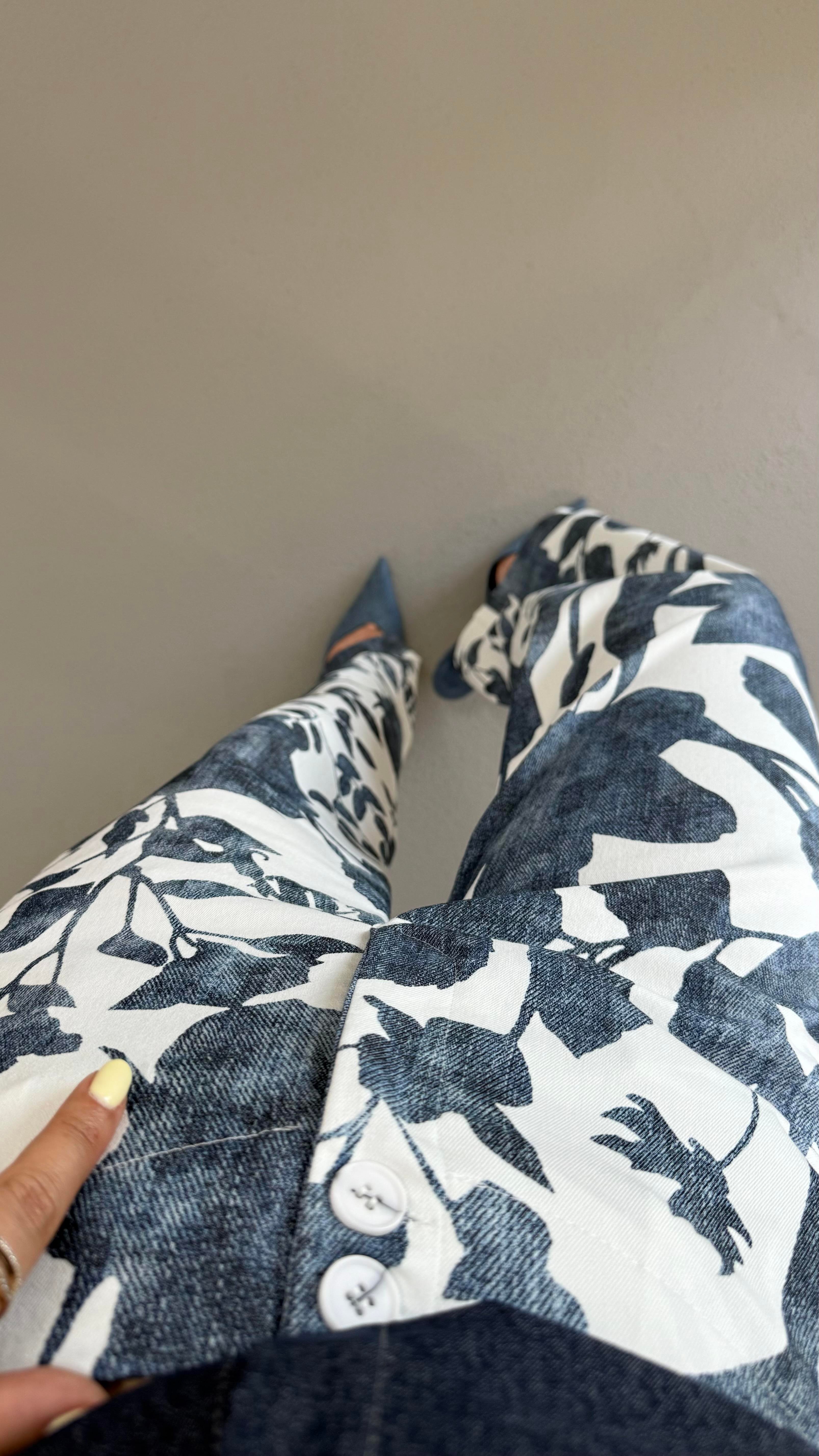Bel Lastikli Likralı Denim Desen Ekru Pantolon