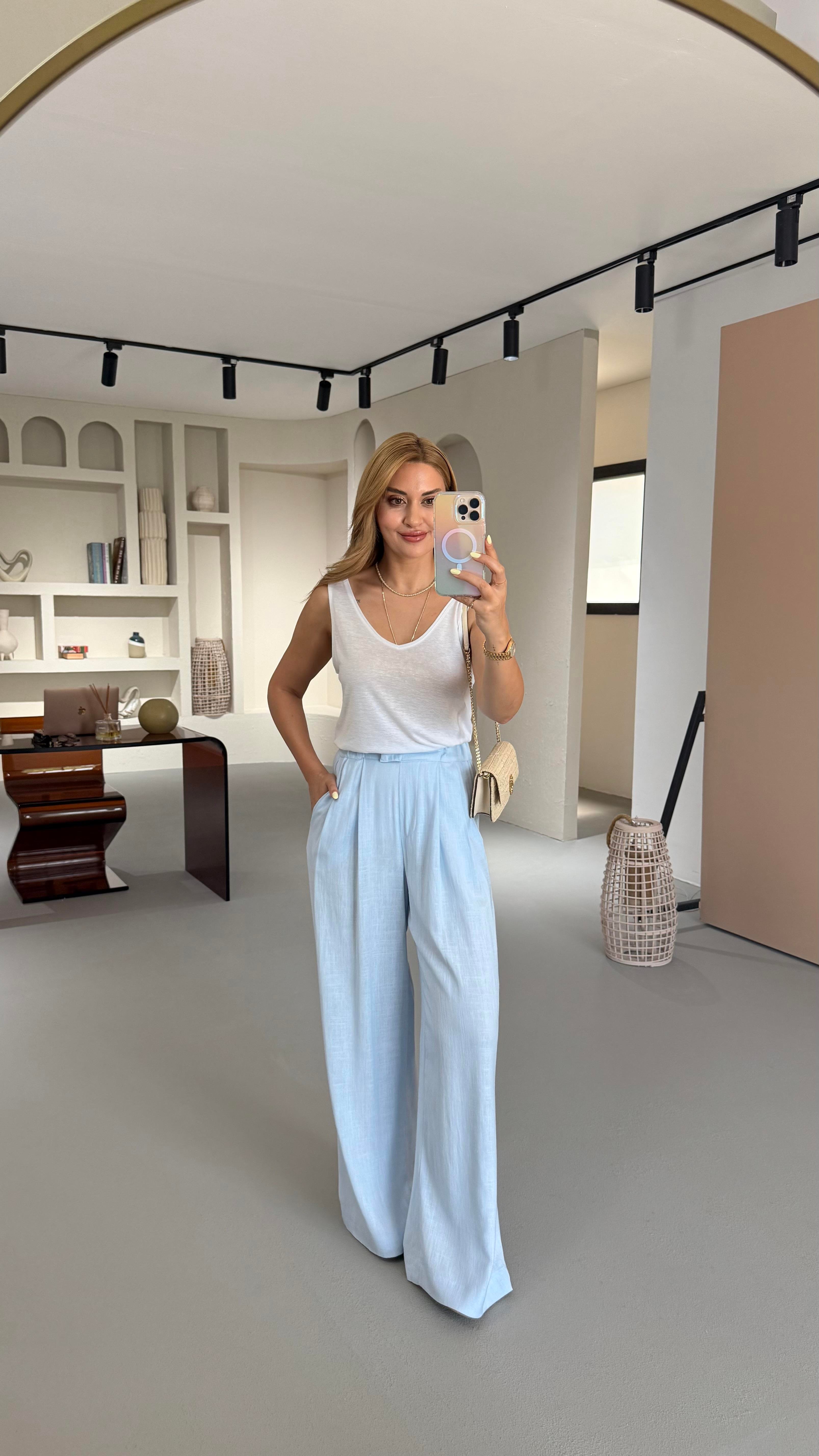 Bel Lastikli Pilise Detay Bebe Mavi Keten Palazzo Pantolon