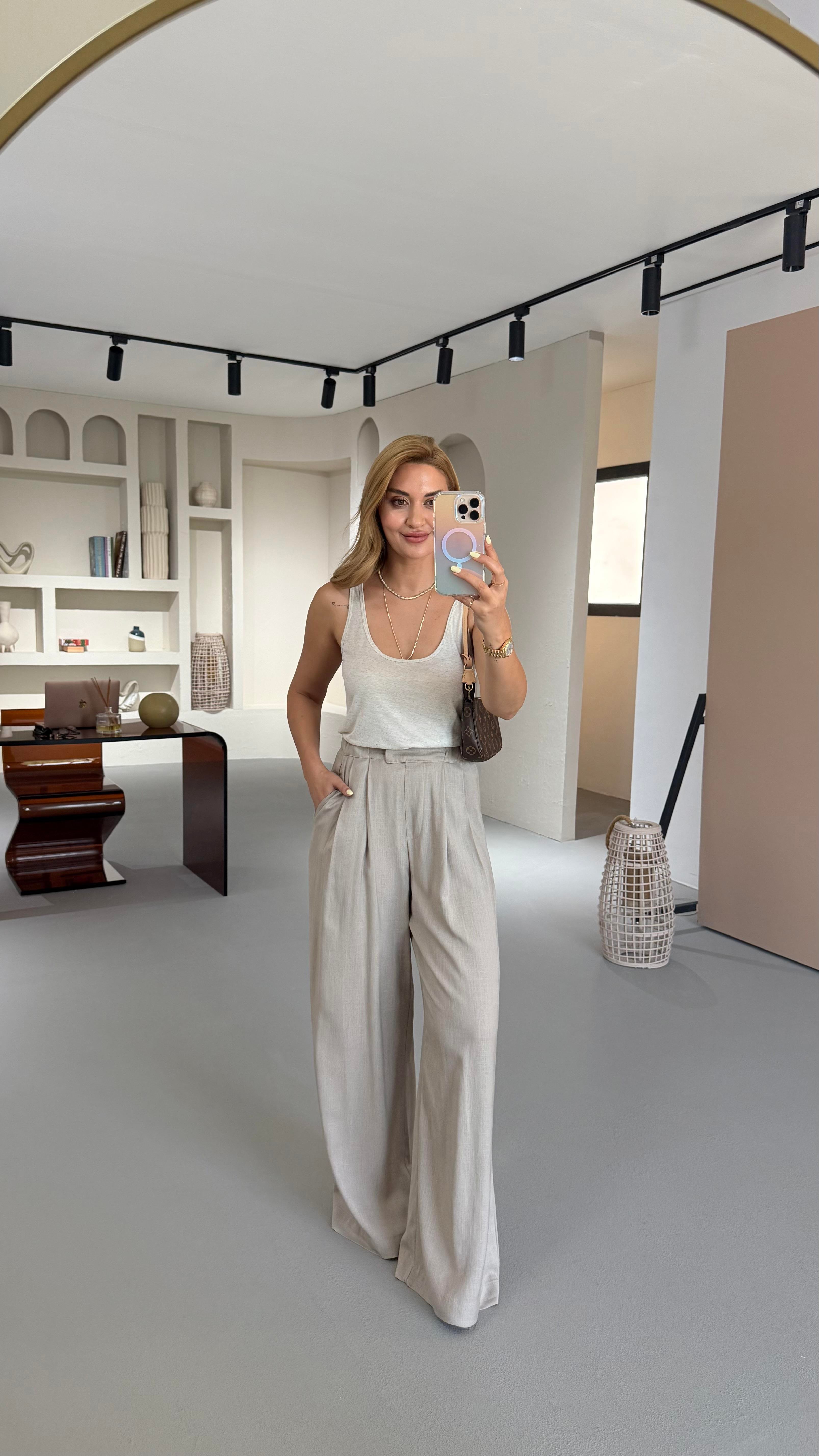 Bel Lastikli Pilise Detay Vizon Keten Palazzo Pantolon