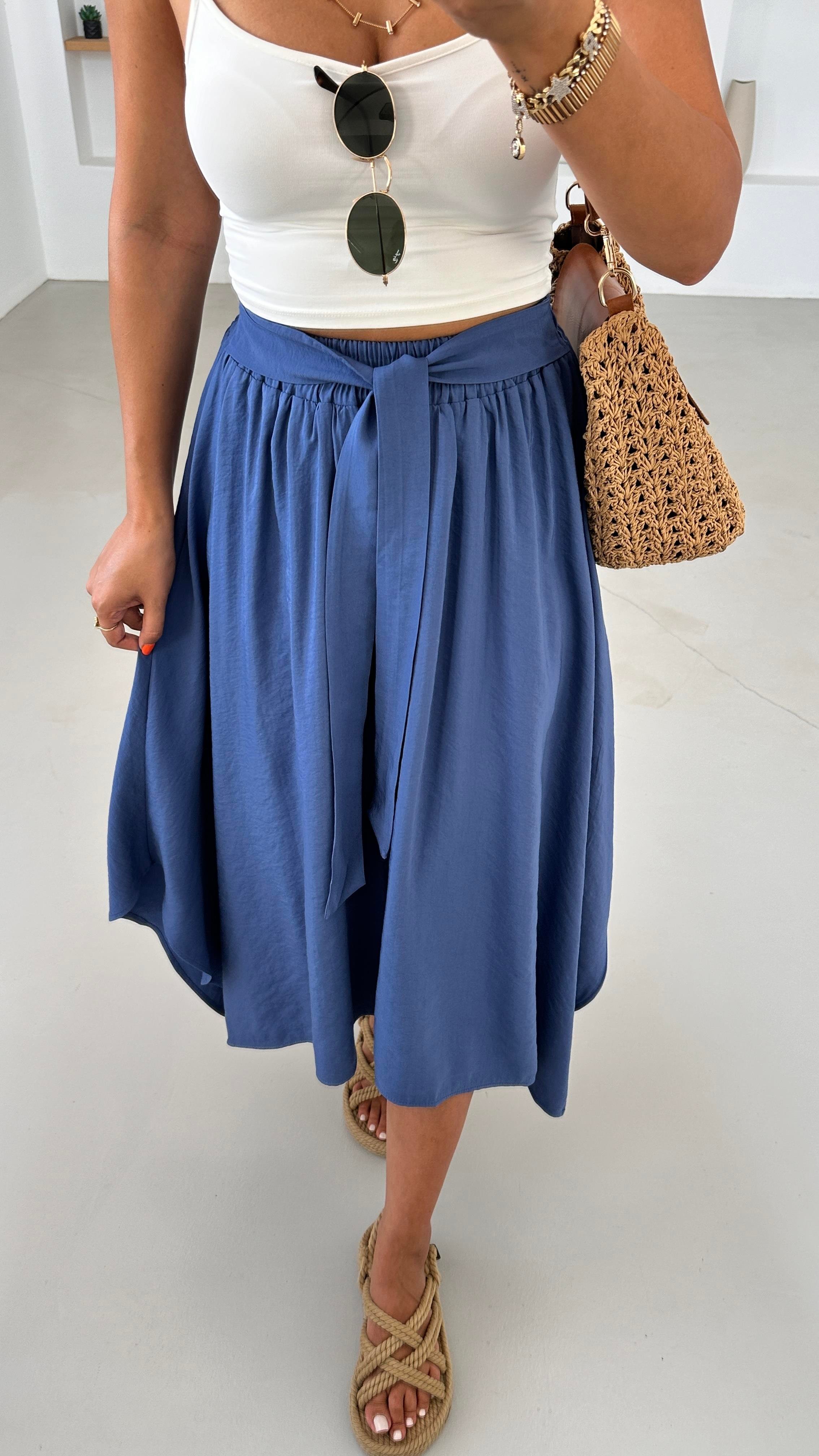 Beli Lastikli Asimetrik Kesim Tensel Indigo Etek