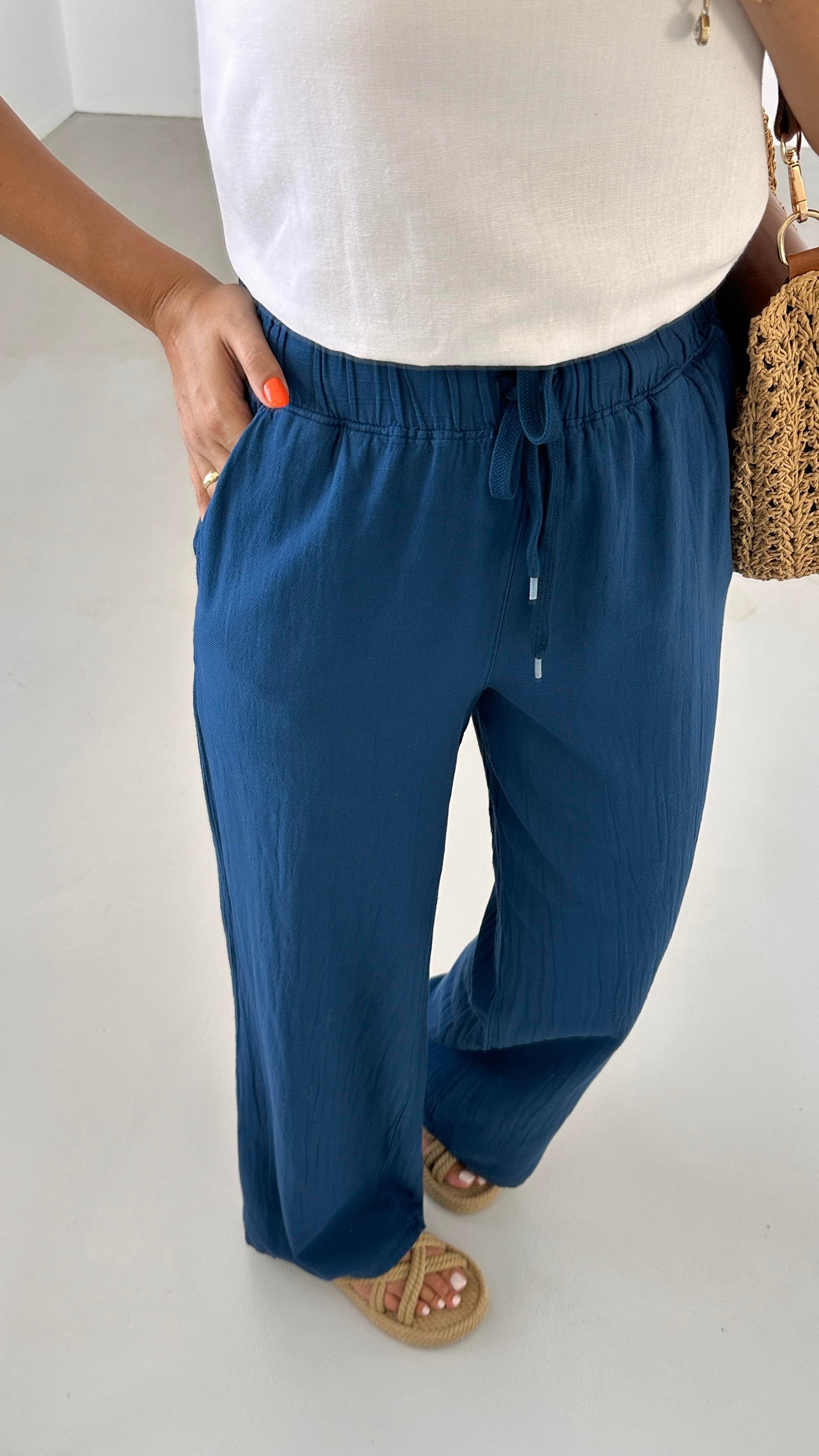 Beli Lastikli Keten Lacivert Bol Pantolon