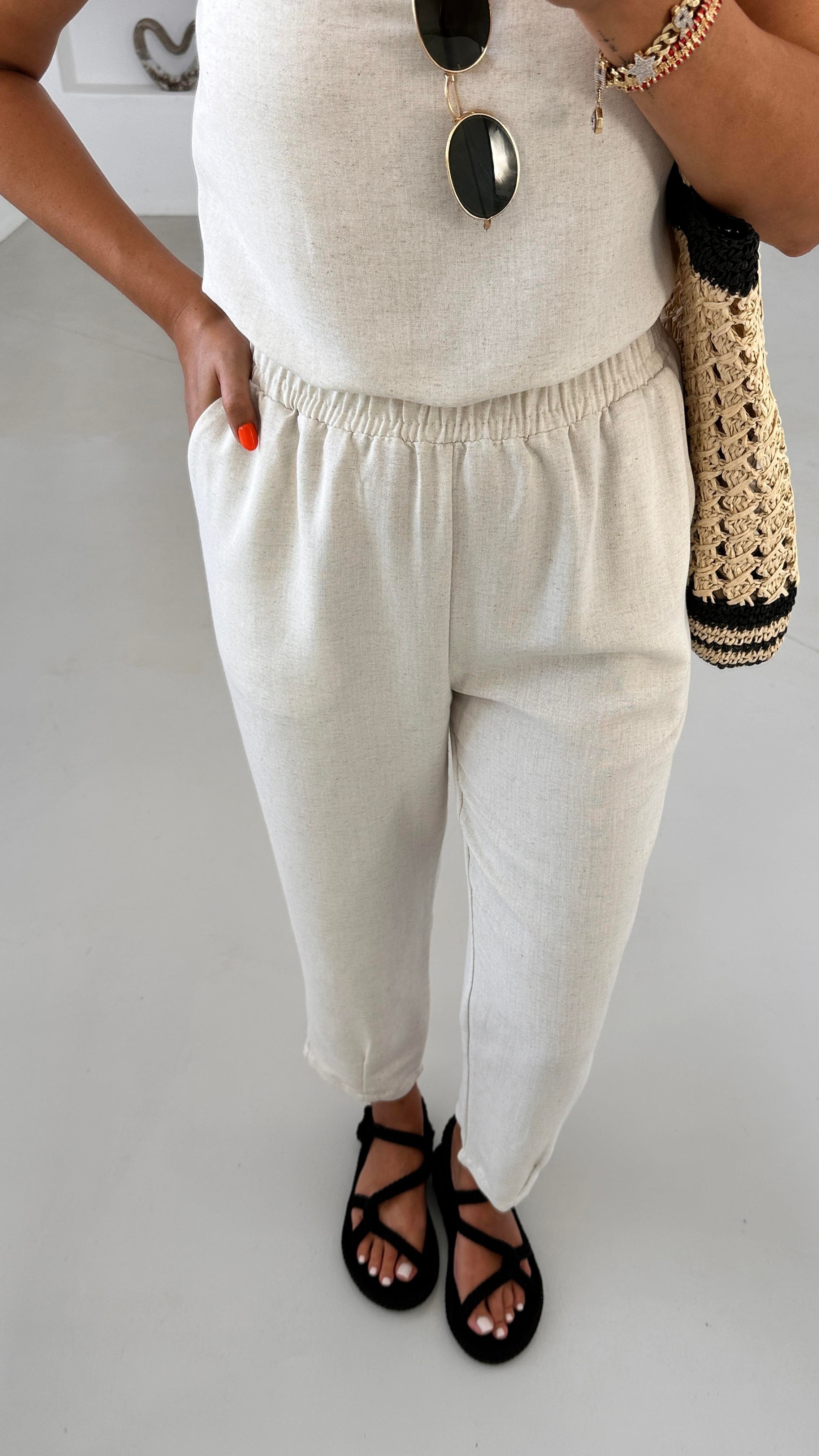 Beli Lastikli Kum Beji Keten Slouchy Pantolon
