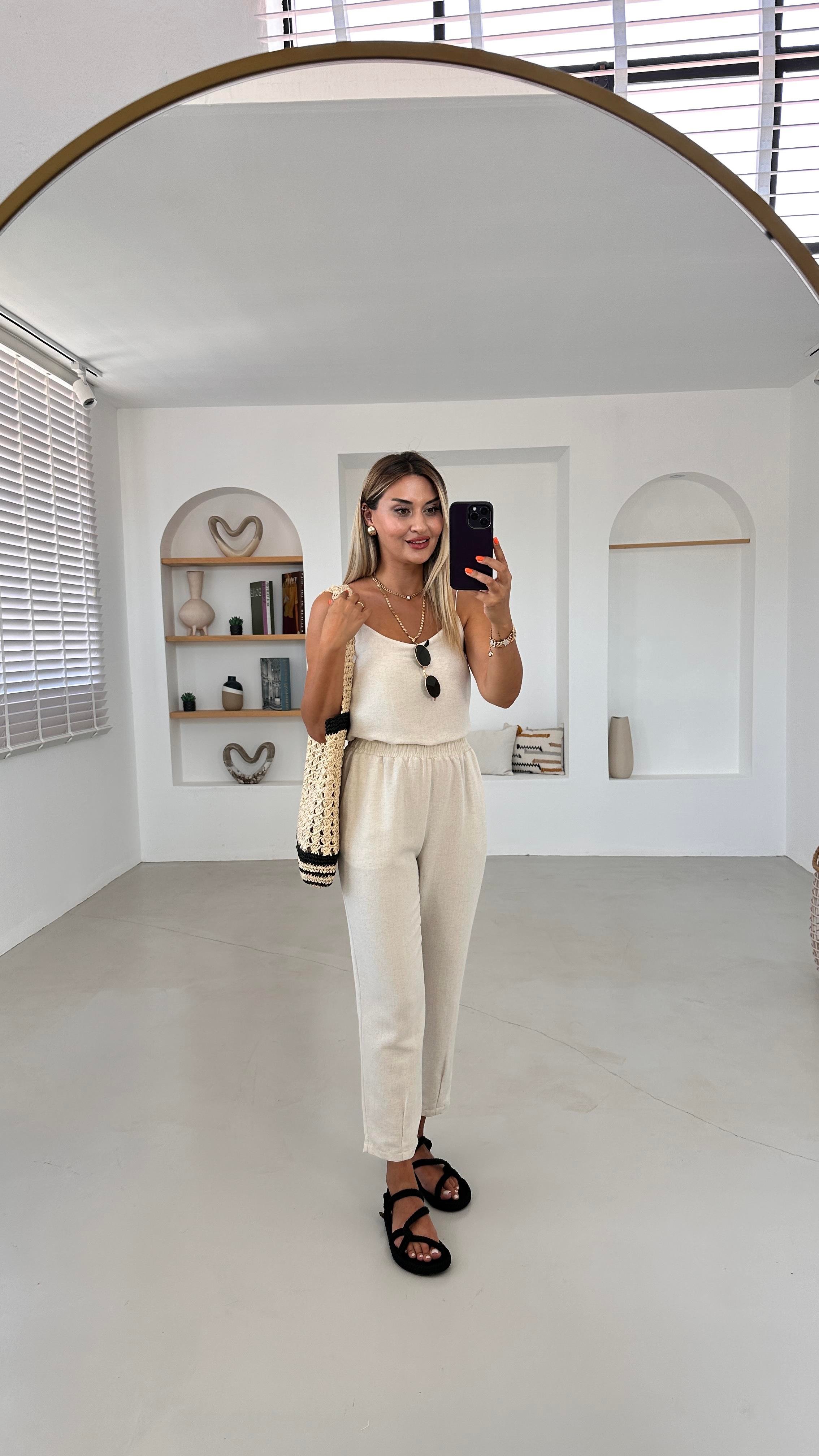 Beli Lastikli Kum Beji Keten Slouchy Pantolon