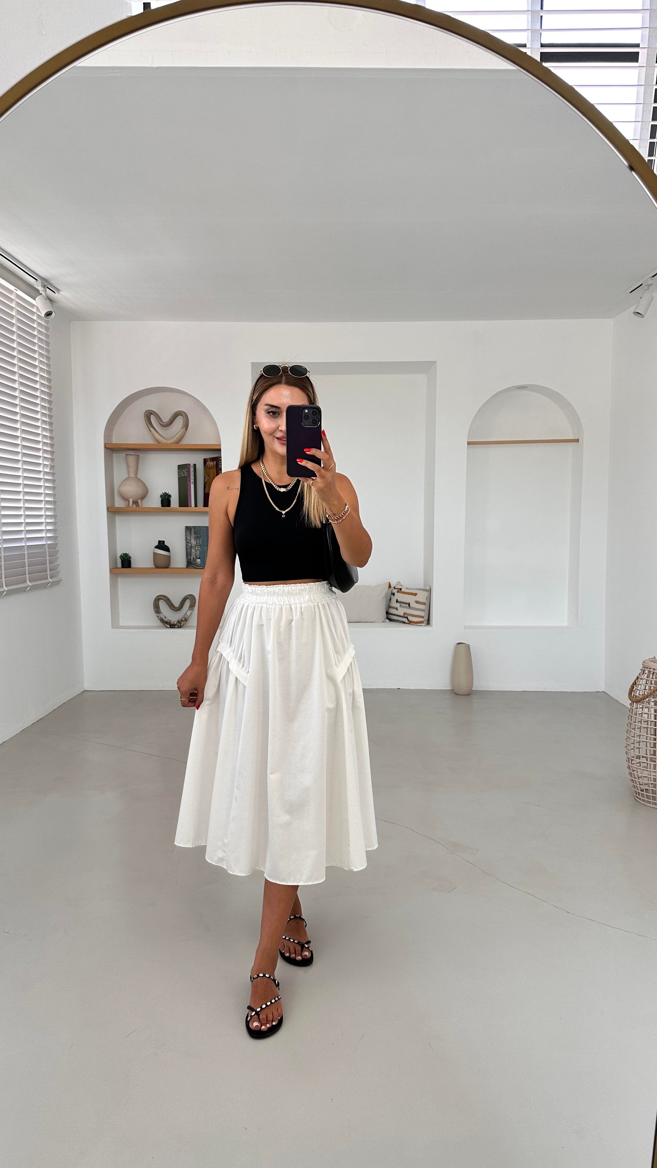 Beli Lastikli Midi Boy Beyaz Poplin Etek