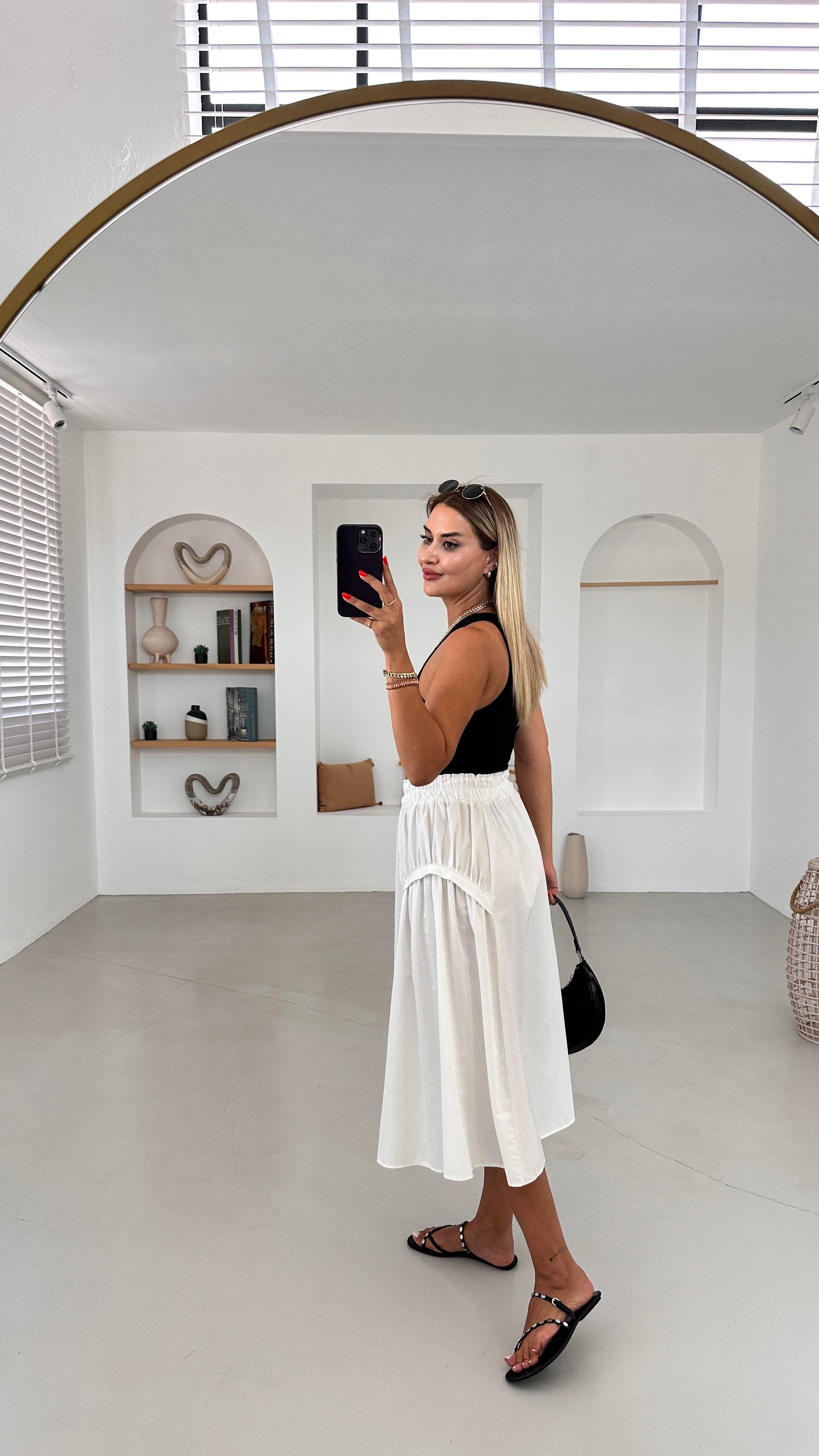 Beli Lastikli Midi Boy Beyaz Poplin Etek