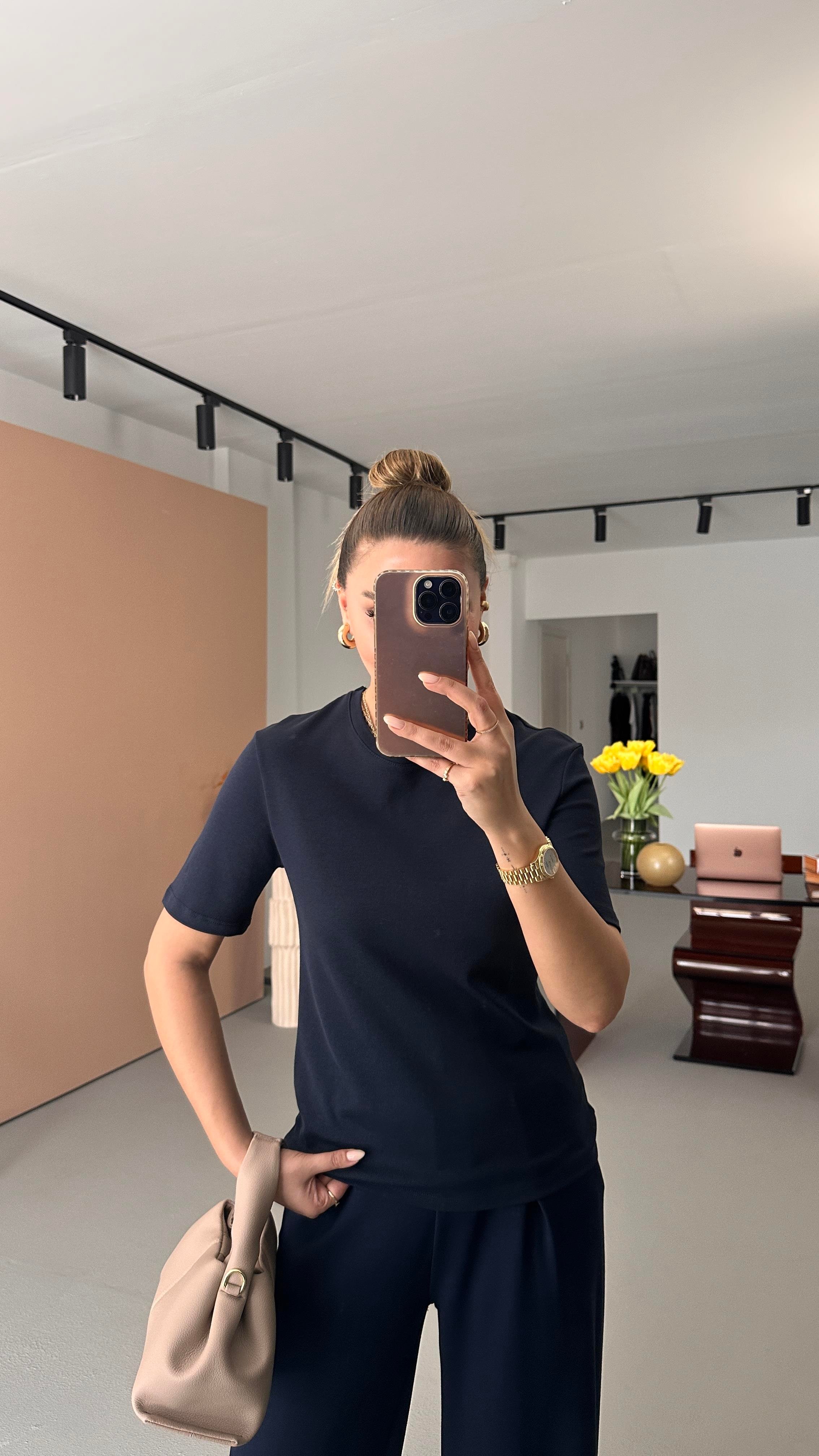 Bisiklet Yaka Pamuklu Lacivert Basic Tshirt