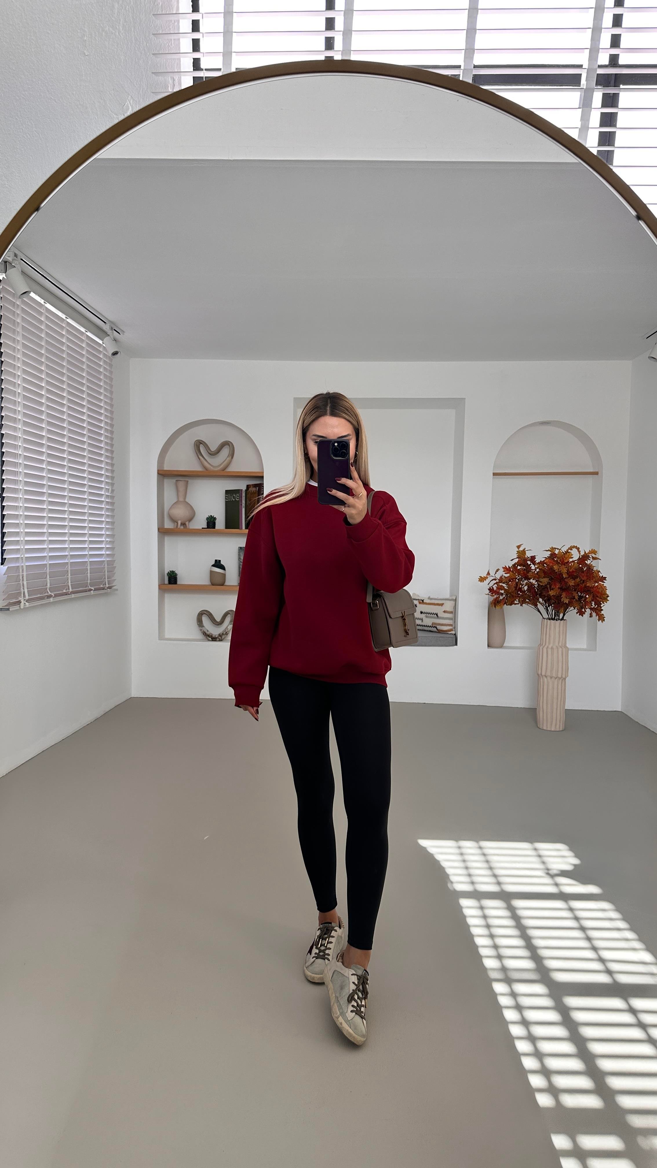 Bisiklet Yaka Şardonlu Bordo Sweatshirt