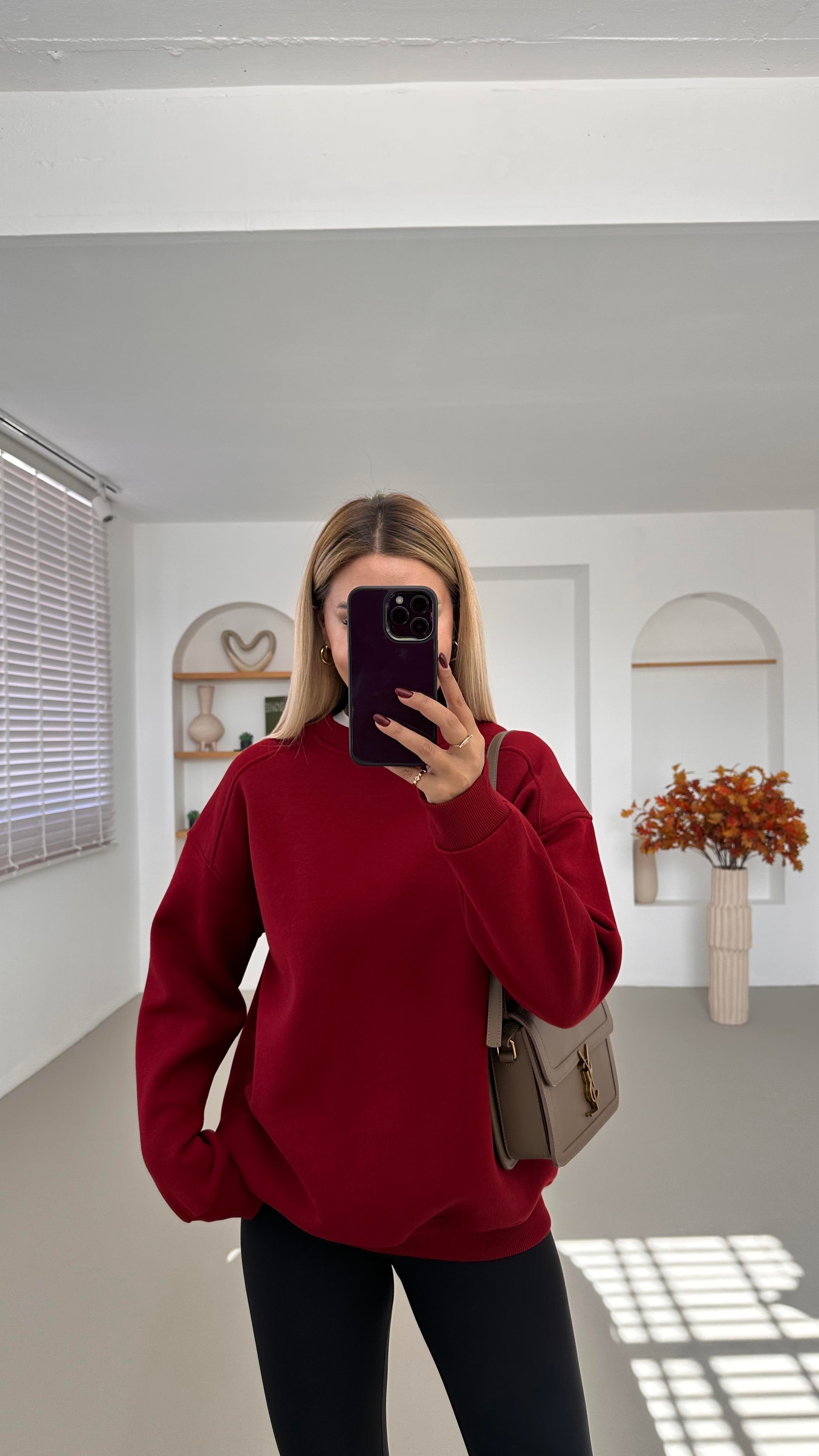 Bisiklet Yaka Şardonlu Bordo Sweatshirt