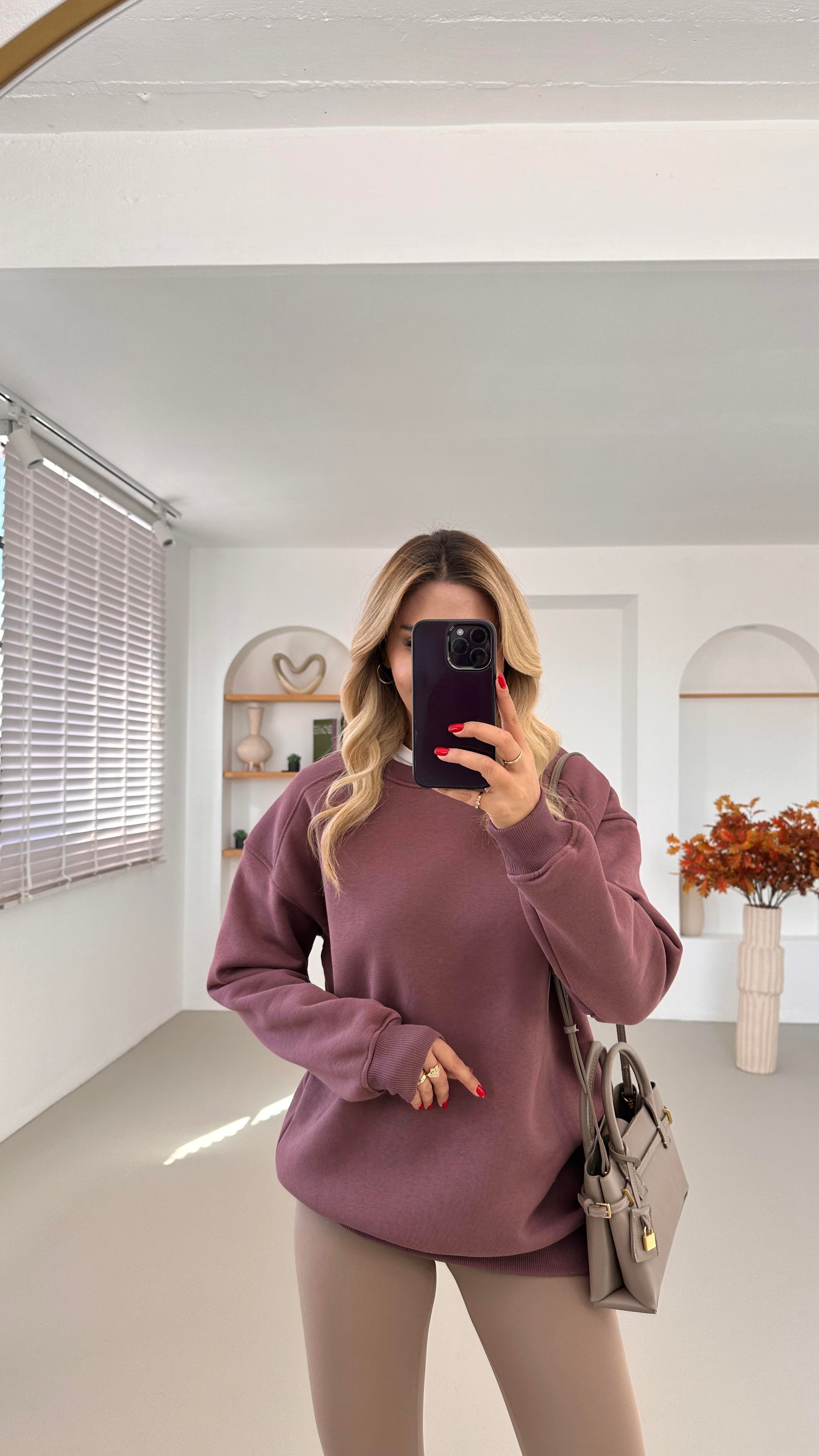 Bisiklet Yaka Şardonlu Mor Sweatshirt