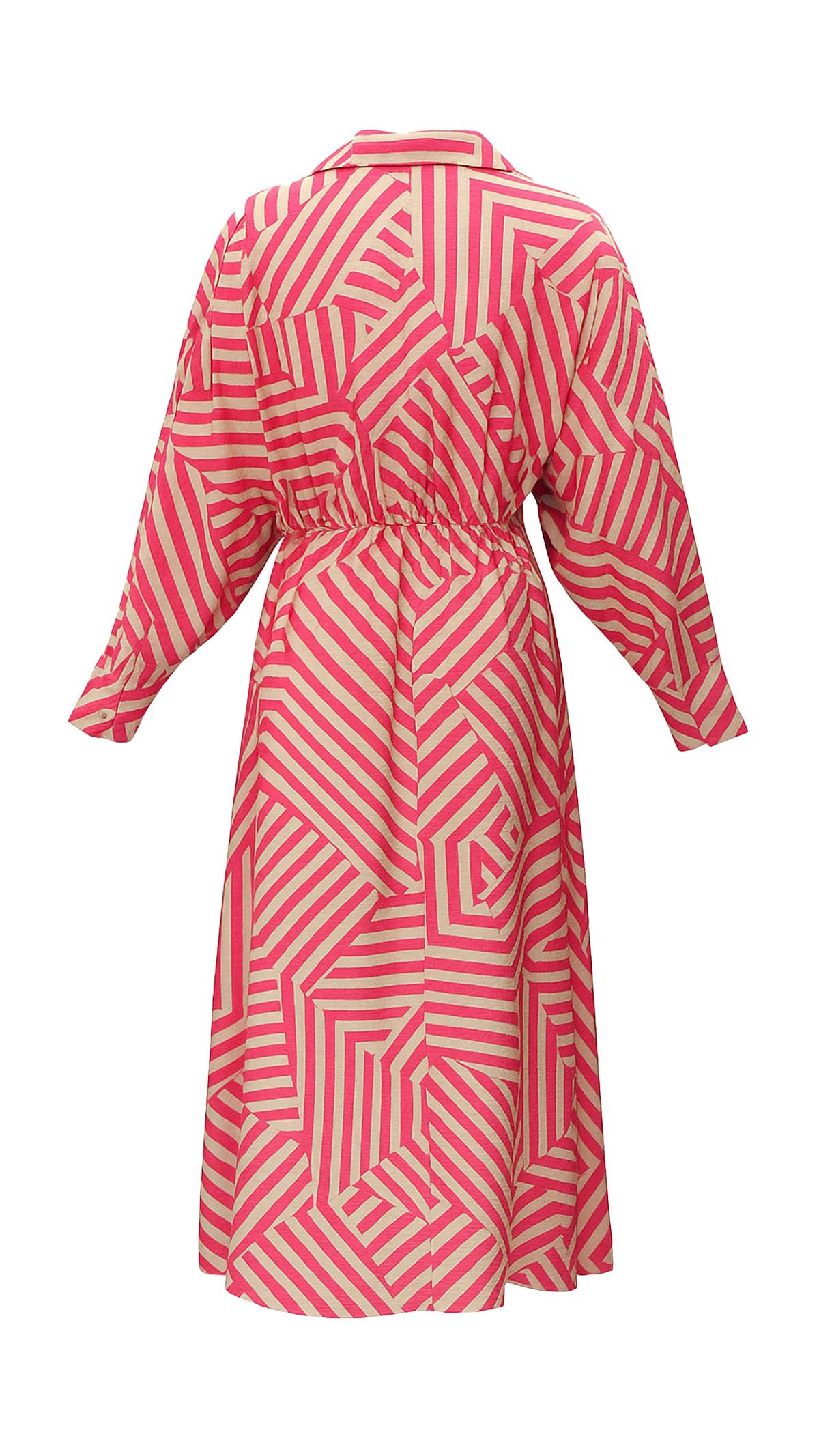 Boydan Düğmeli Geometrik Desen Pembe Elbise