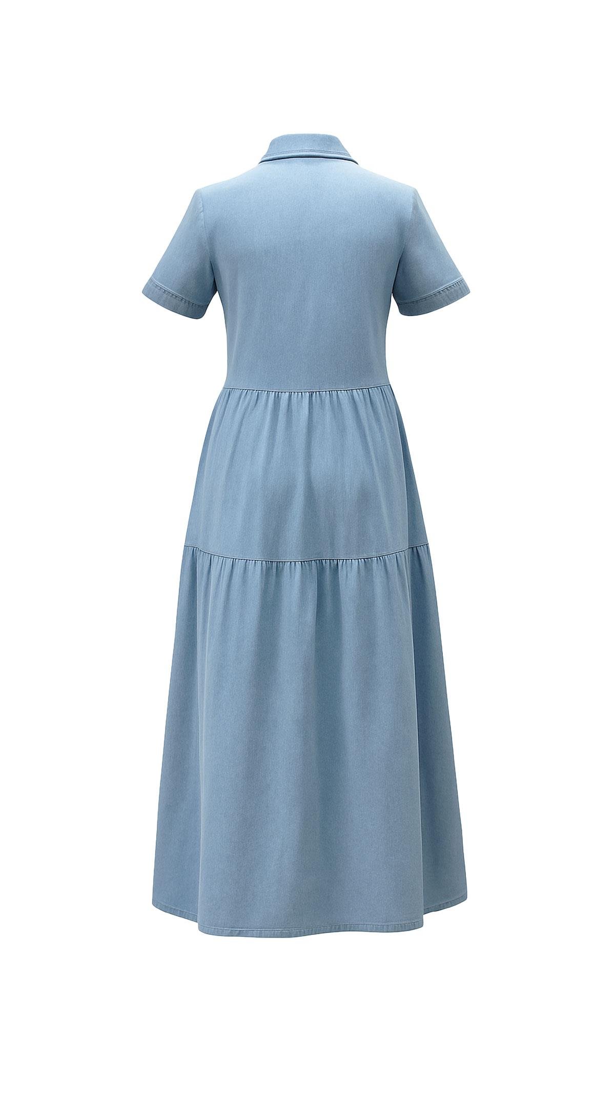 Boydan Düğmeli Kısa Kol Midi Buz Mavi Denim Elbise