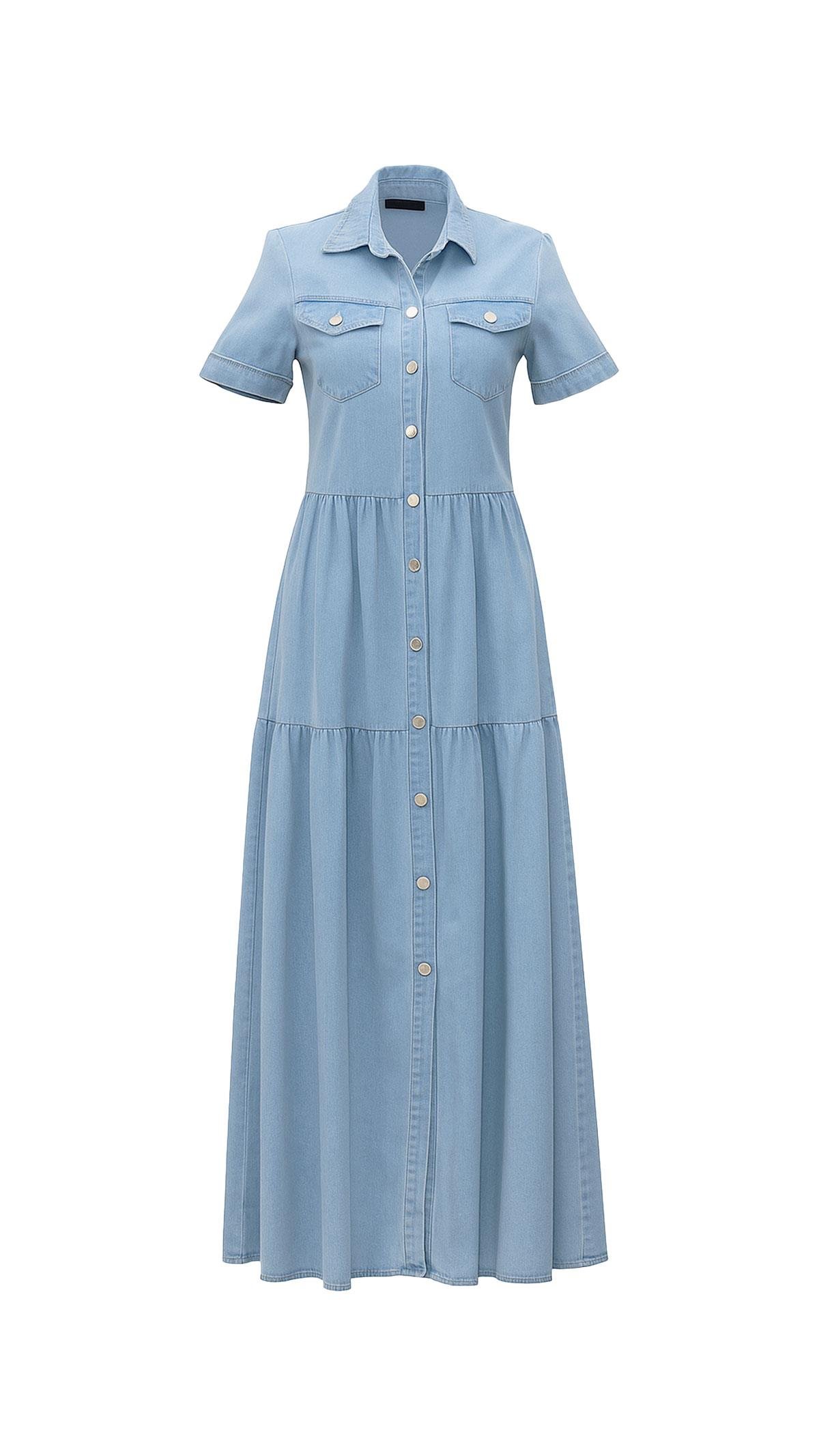 Boydan Düğmeli Kısa Kol Midi Buz Mavi Denim Elbise