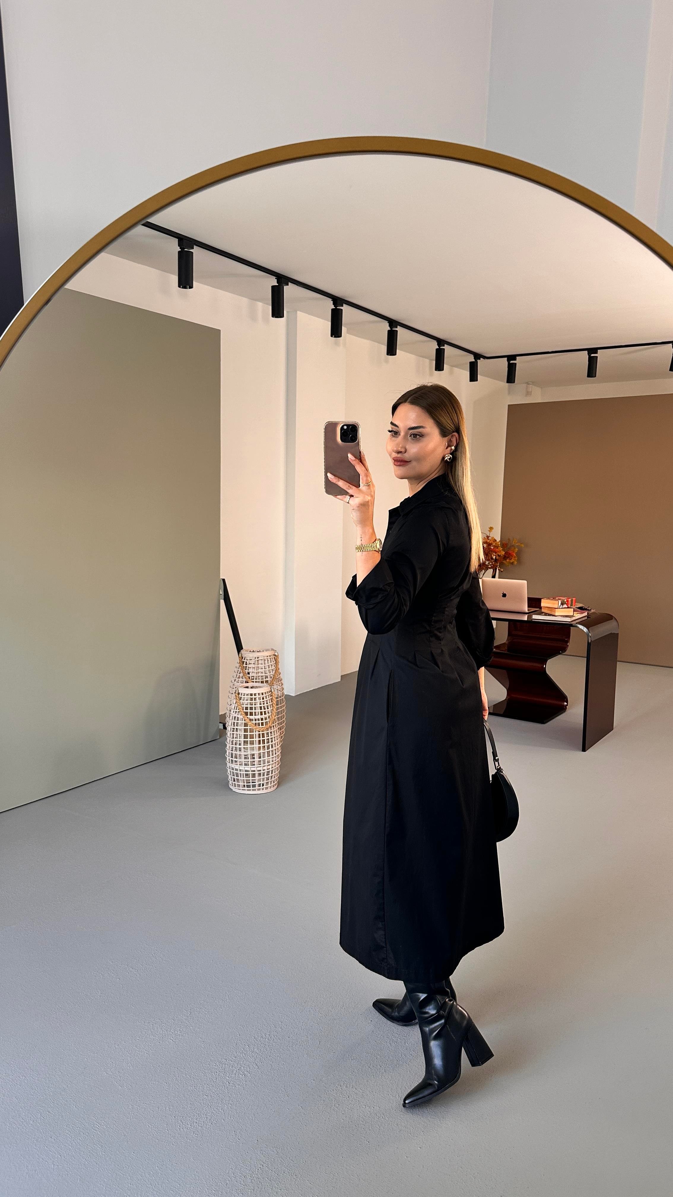 Boydan Düğmeli Siyah Midi Poplin Elbise