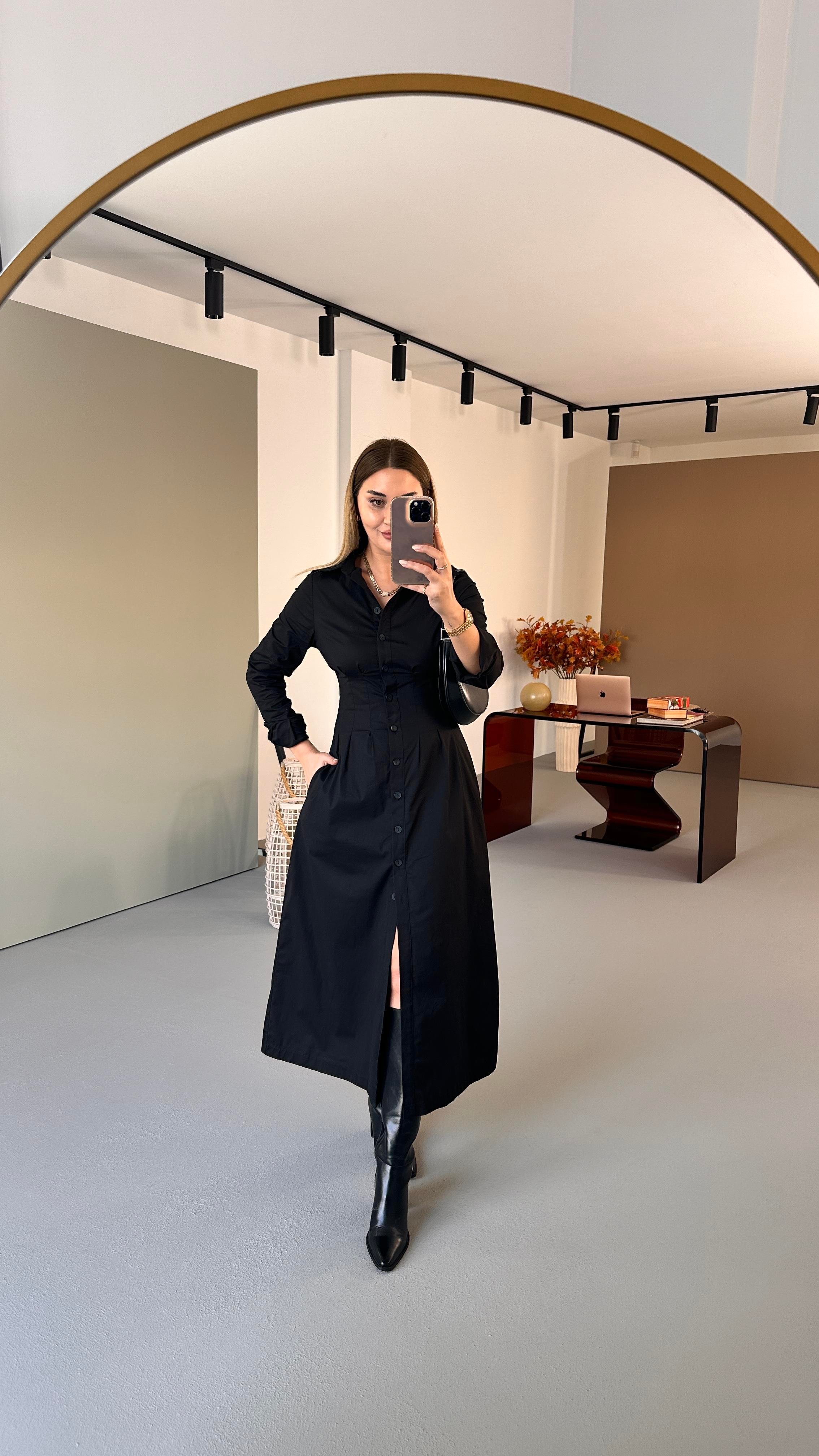 Boydan Düğmeli Siyah Midi Poplin Elbise