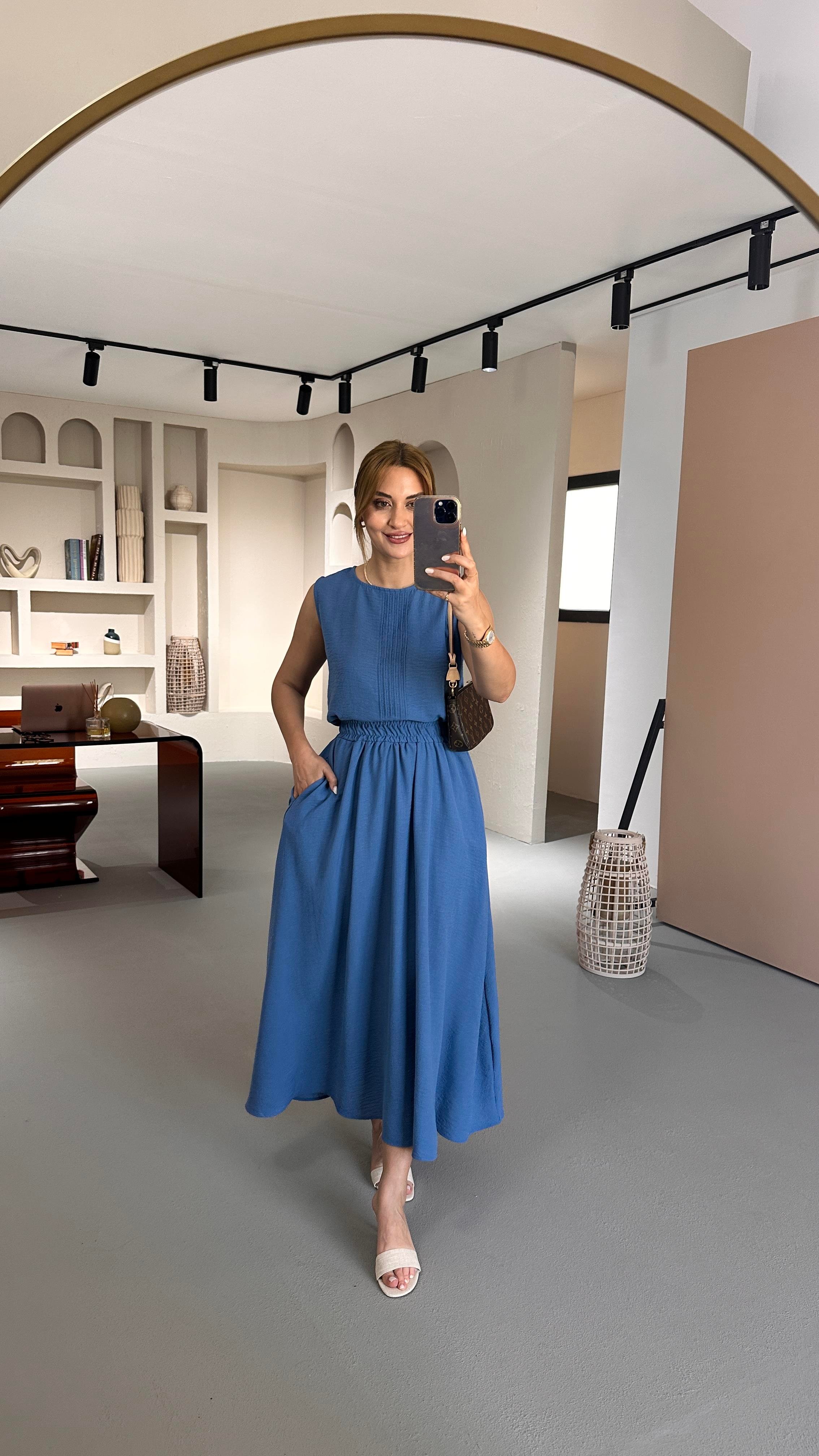 Çan Etek Kolsuz Bluz Indigo Keten Takım