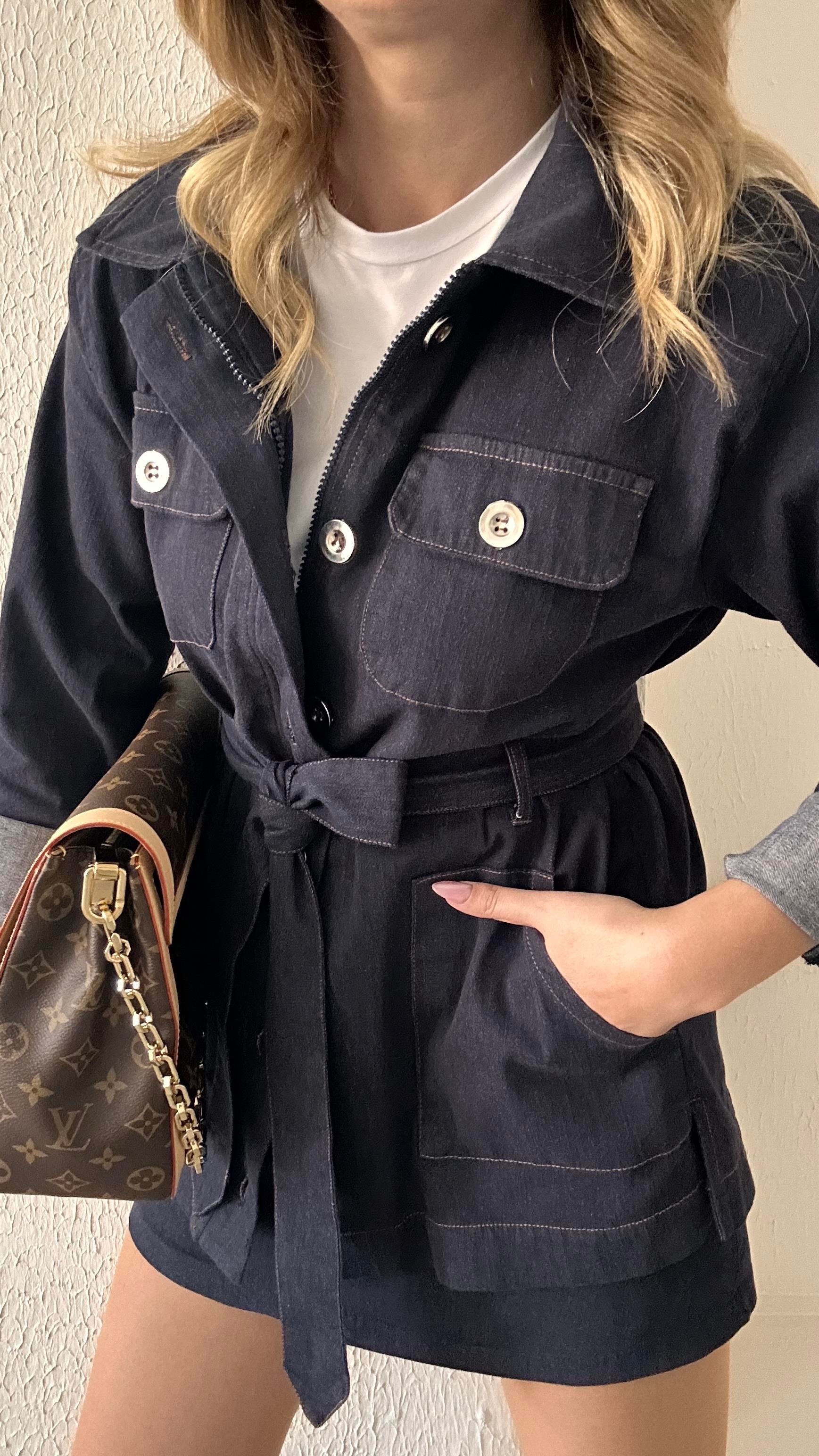 Cep Detay Kuşaklı Denim Ceket