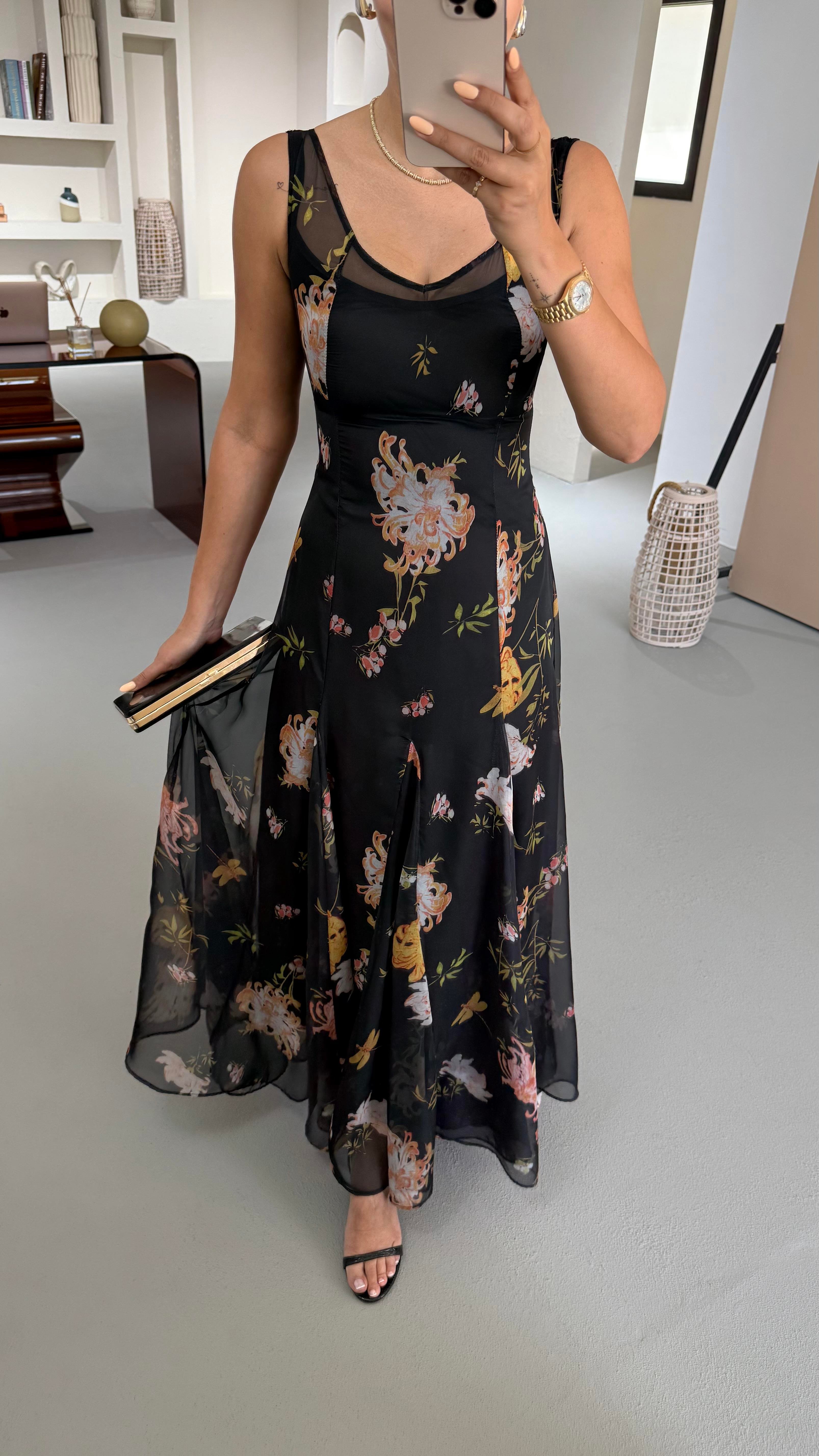 Çiçek Desen Astarlı Siyah Tül Elbise