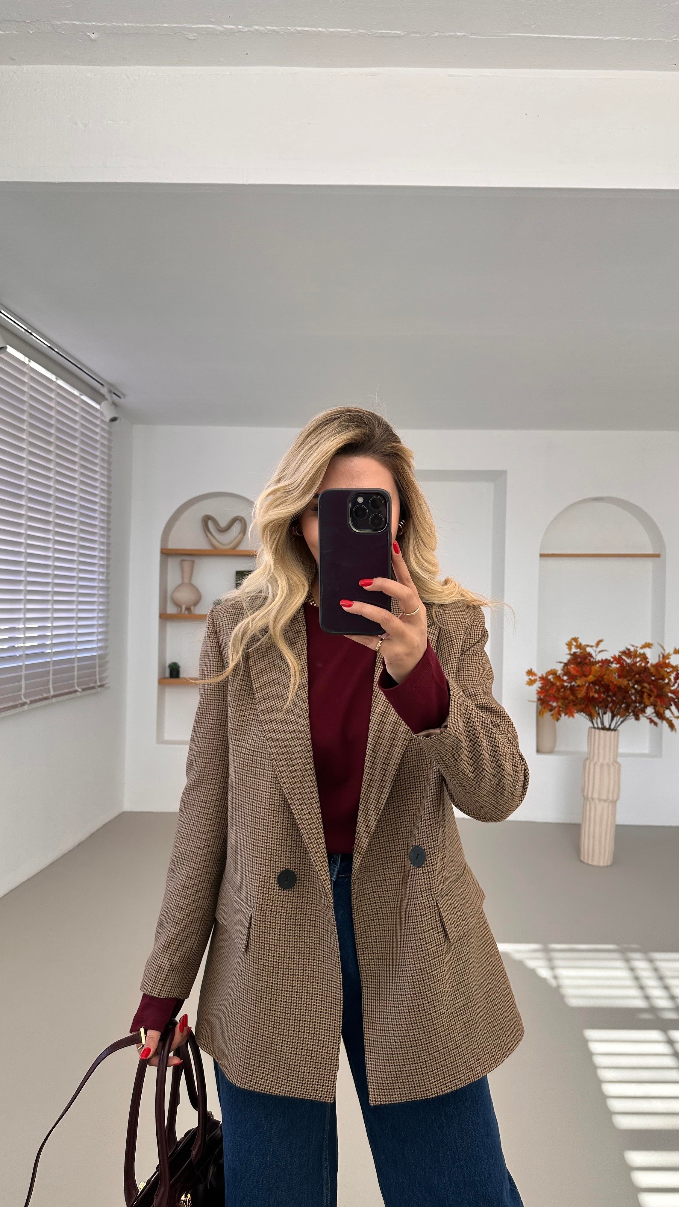 Çift Düğme Detay Astarlı Ekose Blazer Ceket