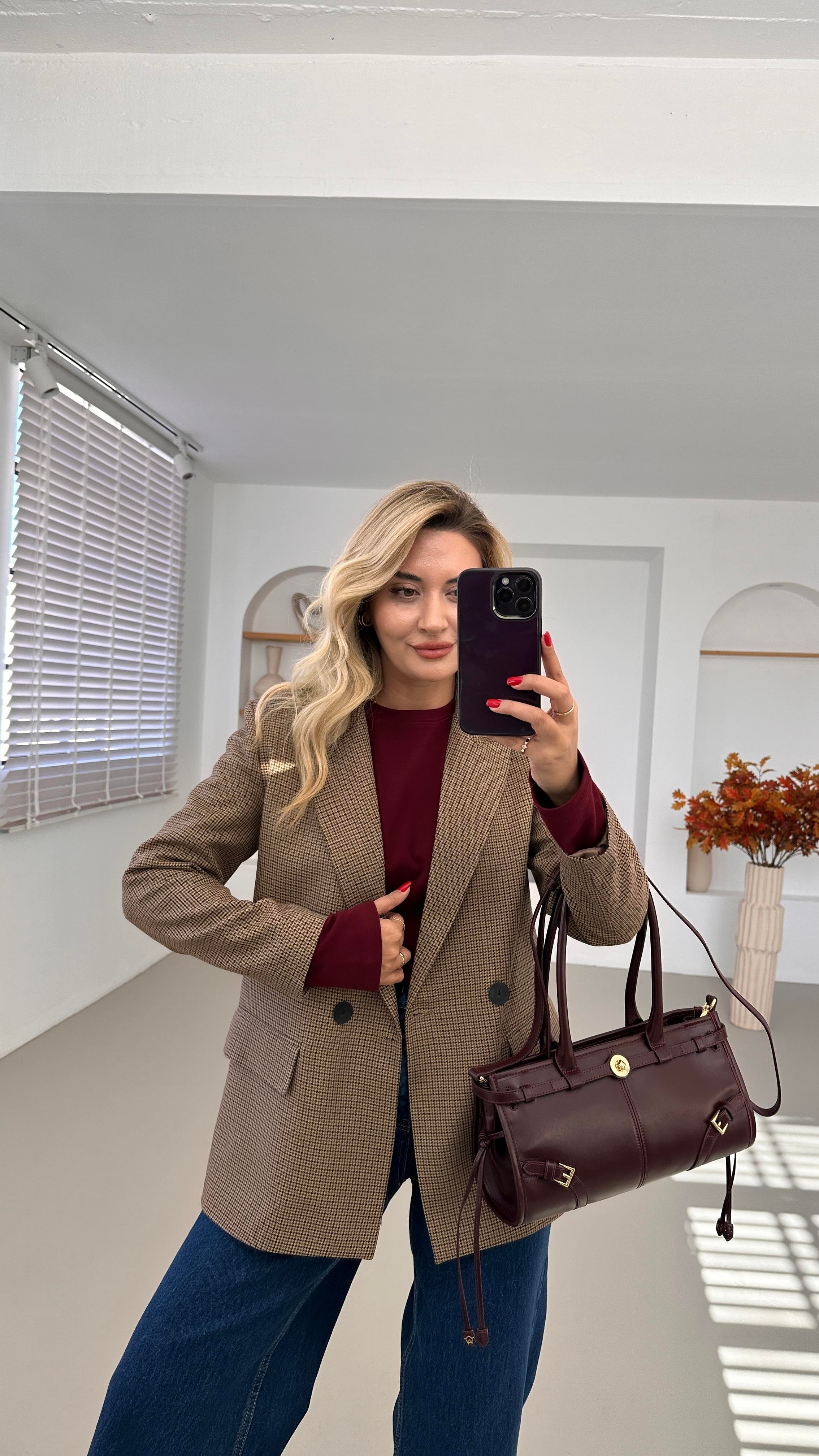 Çift Düğme Detay Astarlı Ekose Blazer Ceket