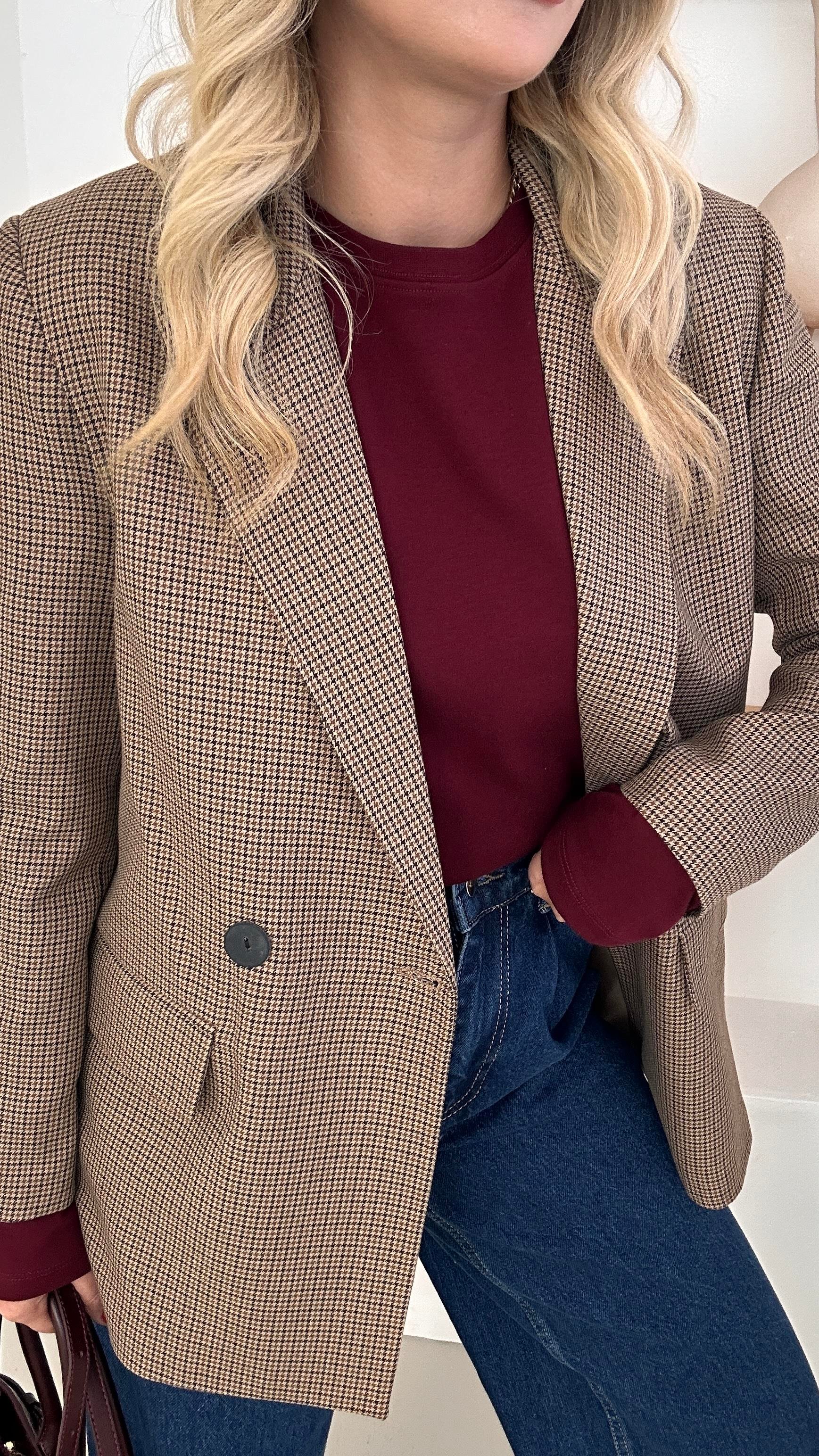 Çift Düğme Detay Astarlı Ekose Blazer Ceket