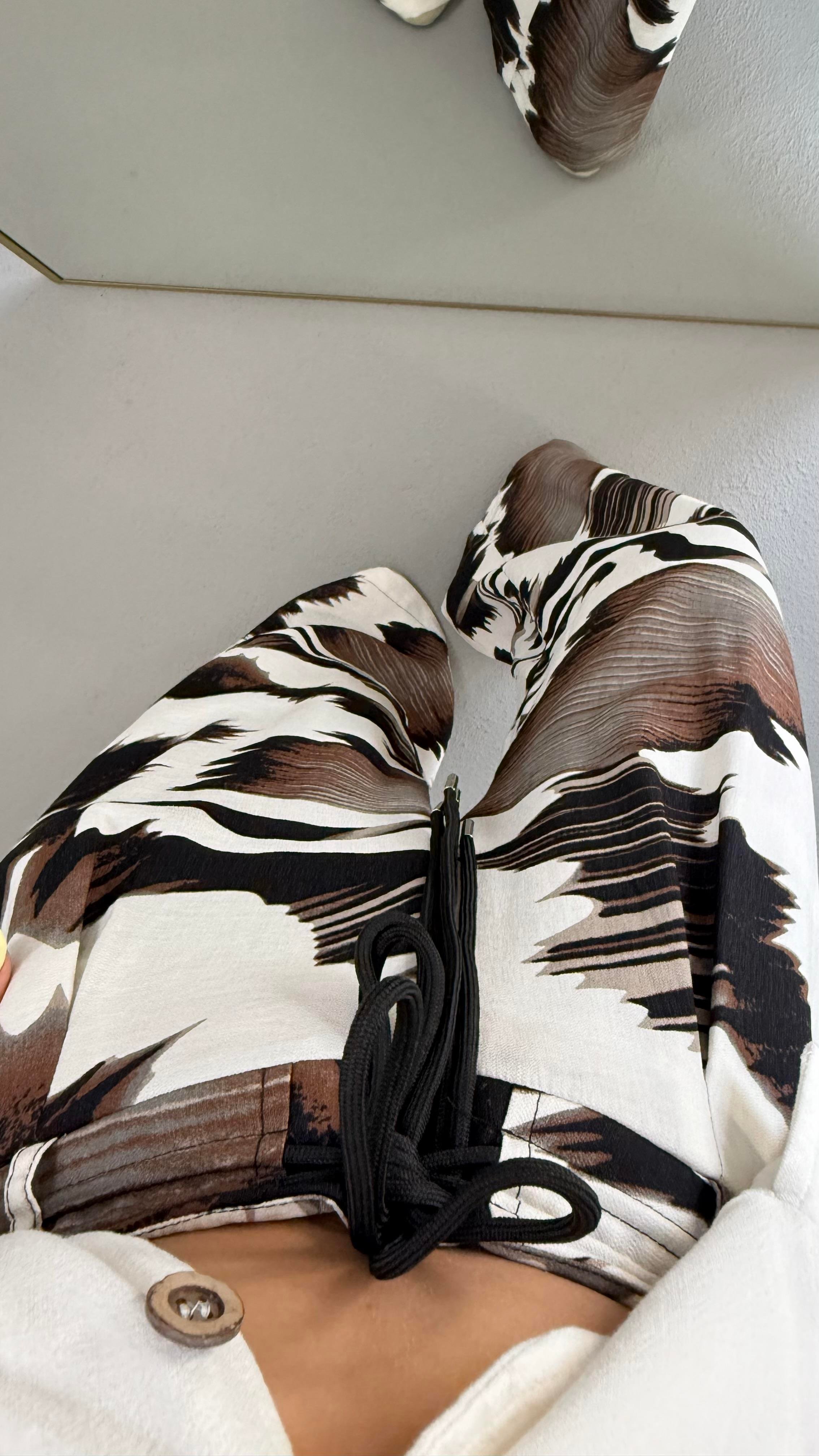 Çift İp Detay Desenli Ekru Kahve Palazzo Pantolon