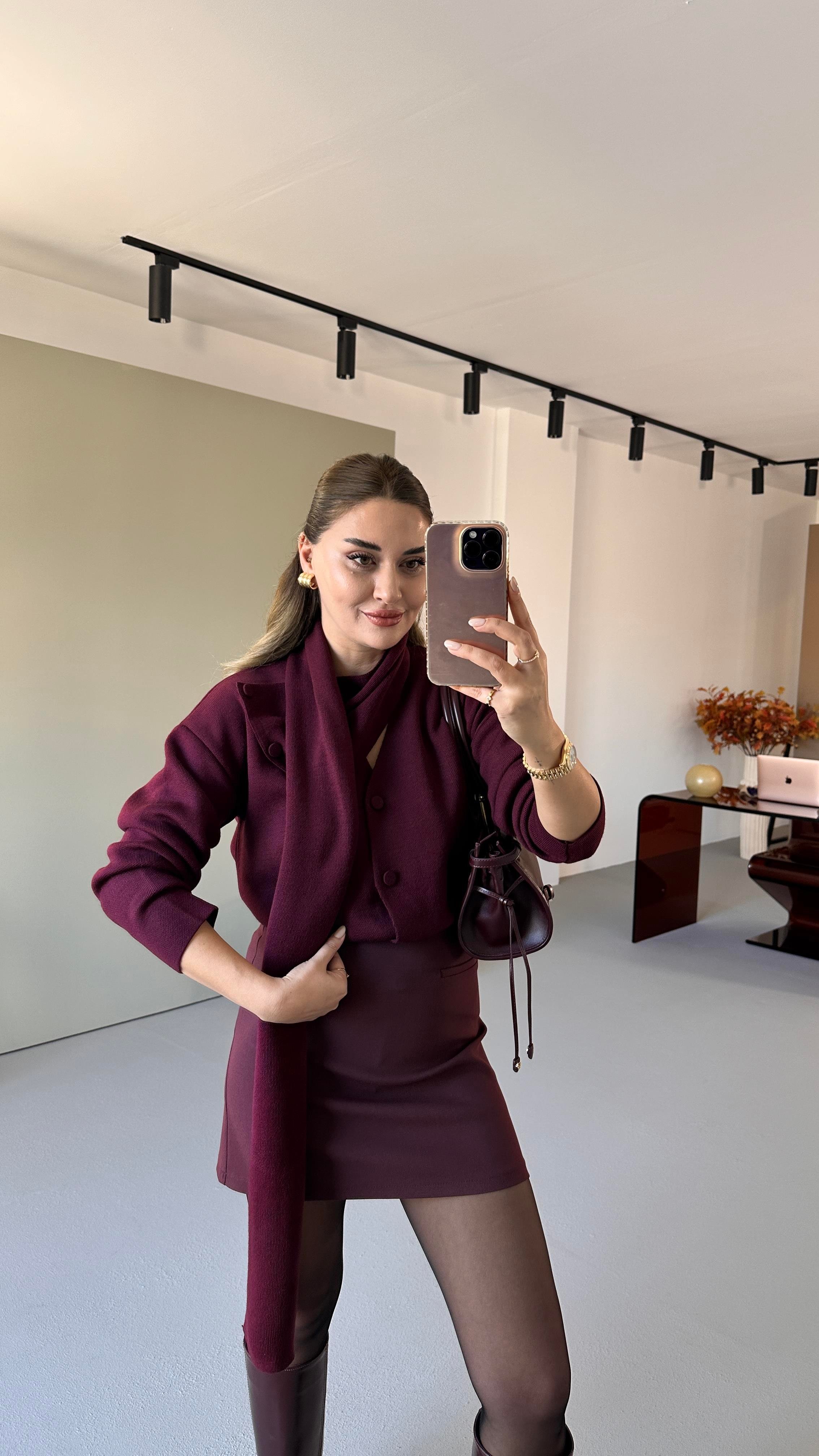 Çıkarılabilir Atkı Yakalı Bordo Hırka
